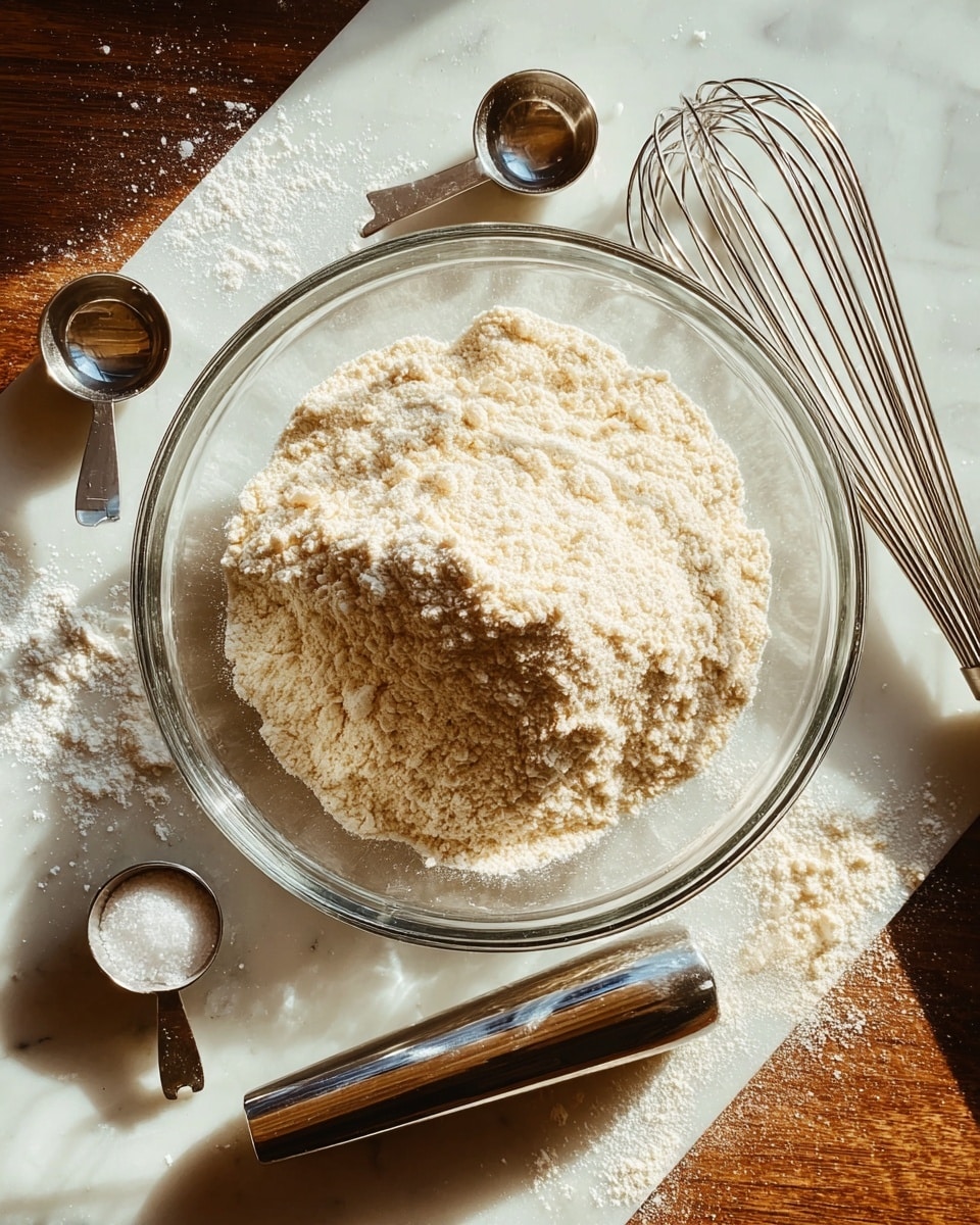 A clear glass bowl placed on a white marbled surface holds a heap of light beige flour with a slightly grainy texture forming small mounds. Around the bowl, there are four small metal measuring spoons filled with fine white sugar and salt, each reflecting soft light. A shiny silver metal whisk with a smooth handle lies diagonally near the bowl, and some loose flour is lightly scattered on the marbled surface. The scene is warmly lit with natural sunlight casting soft shadows. photo taken with an iphone --ar 4:5 --v 7