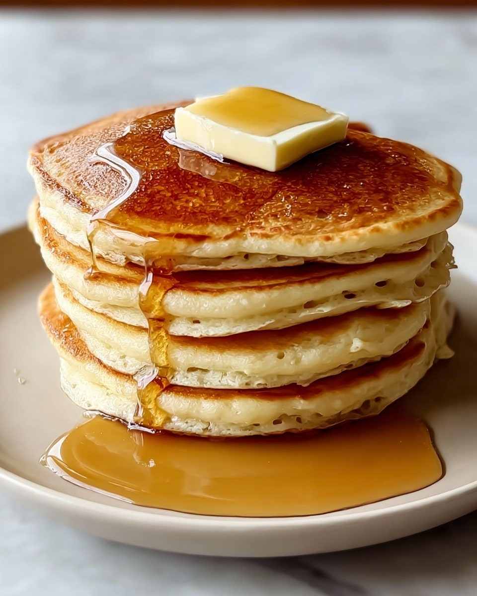 A stack of four thick, golden brown pancakes sits centered on a white plate, each pancake showing small air holes along the sides. On top of the stack is a square piece of pale yellow butter slowly melting, with amber syrup dripping down the sides and pooling on the plate. The pancakes have a soft, fluffy texture with lightly browned edges, all set against a white marbled surface. photo taken with an iphone --ar 4:5 --v 7