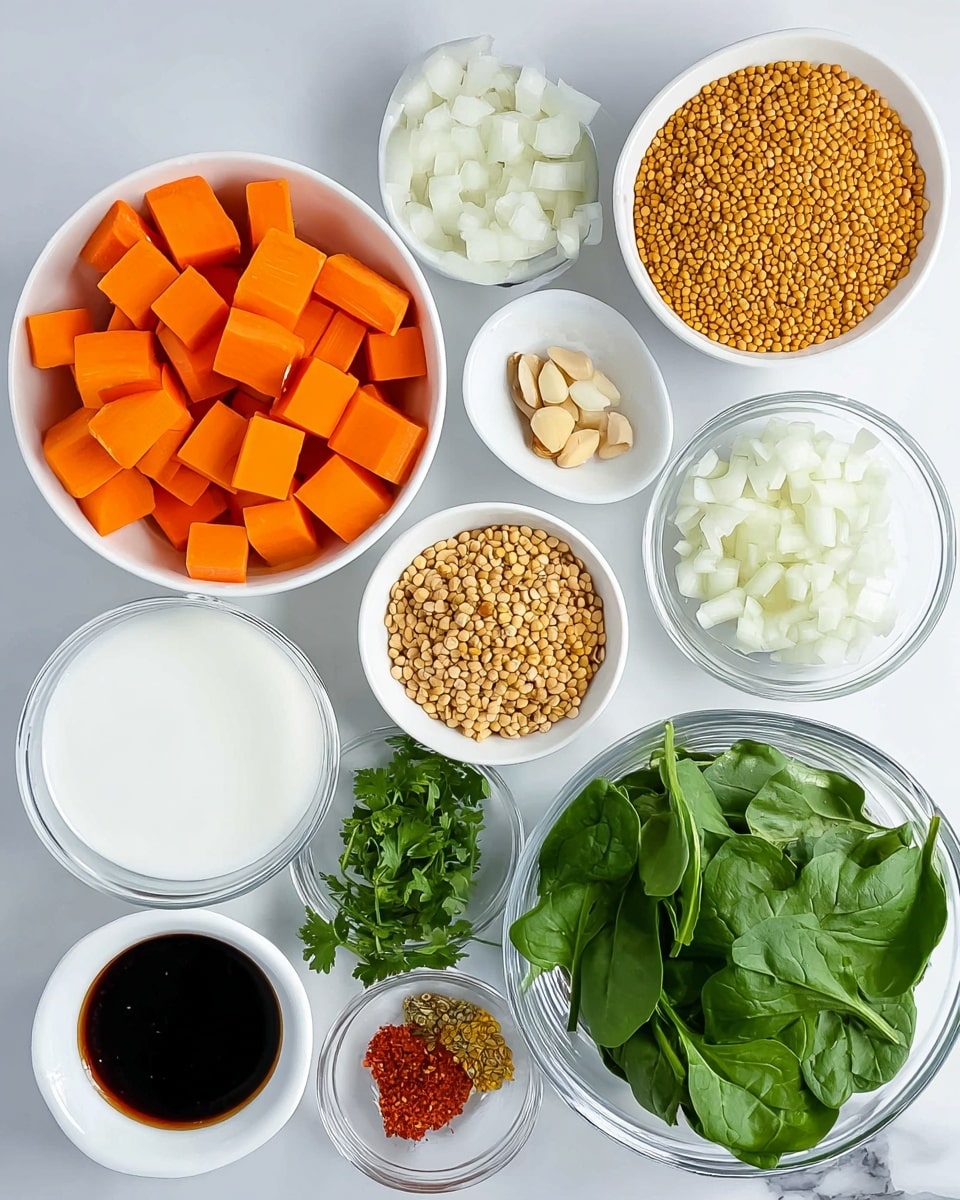 The image shows several white bowls and clear glass bowls arranged on a white marbled surface. One large white bowl holds bright orange carrot pieces cut into chunks. Another white bowl contains white chopped onions. A third white bowl is filled with small yellow lentils. A small white bowl holds light beige sliced almonds. Another small white bowl has dark brown liquid, likely soy sauce. A small white bowl contains minced yellow ginger. A clear glass bowl is filled with fresh dark green spinach leaves, and another clear glass bowl holds fresh bright green parsley. Finally, a small white bowl contains a mix of yellow curry powder and red chili flakes, next to a clear glass bowl filled with white liquid, possibly coconut milk. photo taken with an iphone --ar 4:5 --v 7
