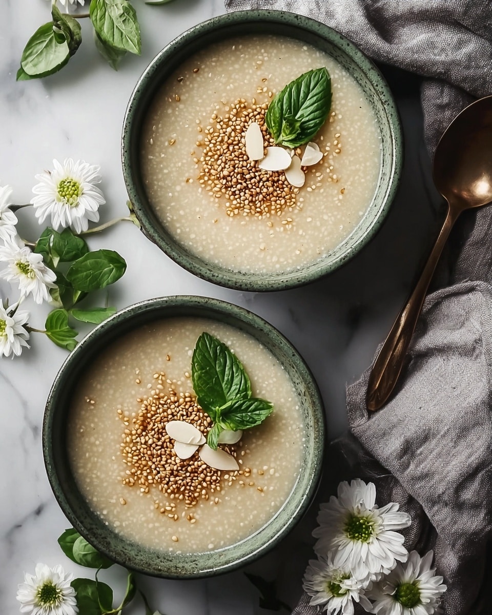Two ceramic bowls filled with light beige soup that has visible small round grains, topped with a small pile of toasted brown sesame seeds in the center. On top of the sesame seeds, there are a few green fresh basil leaves and thin white almond slices. The bowls are on a white marbled surface with white daisies and green leaves scattered around, along with a gray cloth folded loosely. A bronze spoon is placed near one bowl. The photo taken with an iphone --ar 4:5 --v 7