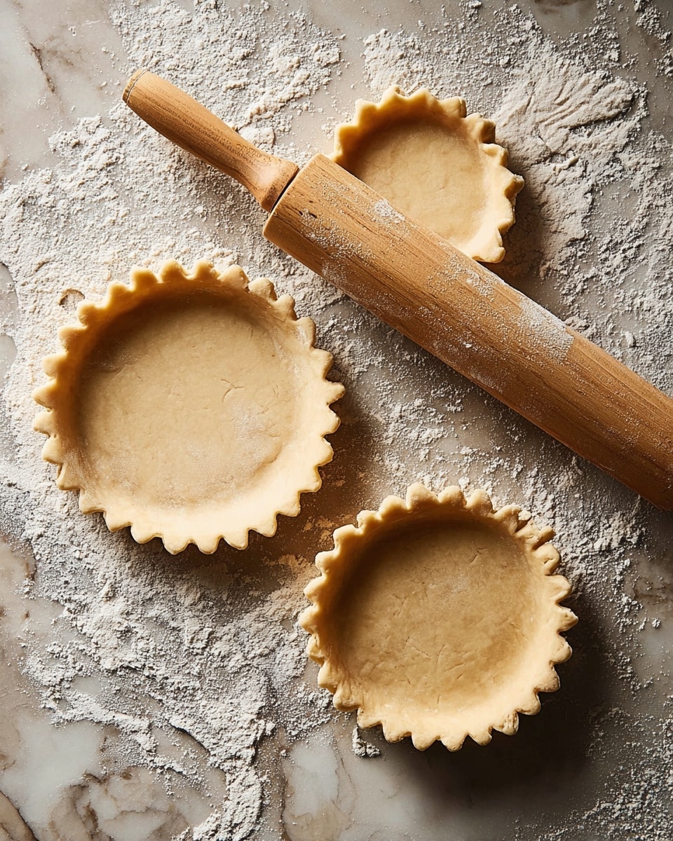 The image shows three round pie doughs with fluted edges in different sizes lying flat on a flour-dusted surface with a white marbled texture. The doughs are light beige, smooth, and evenly rolled out, arranged in a triangular pattern. A wooden rolling pin, also dusted with flour, lies diagonally across the surface near the doughs. The background has scattered flour, giving a rustic and baking-in-progress look. photo taken with an iphone --ar 4:5 --v 7