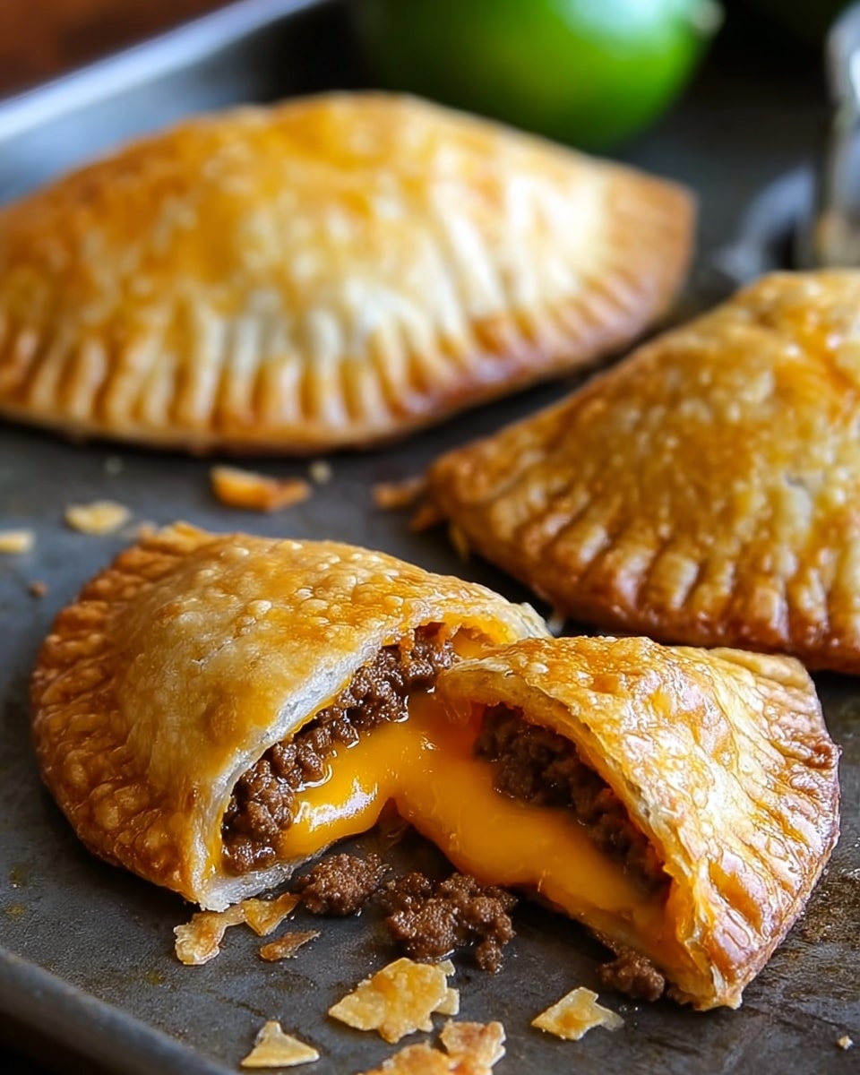 The image shows three golden brown hand pies on a dark metal sheet, with one hand pie cut open in the front to reveal two clear layers inside: a top layer of melted bright orange cheese and a bottom layer of finely ground dark brown cooked meat. The hand pies have a crispy, flaky crust with a slightly shiny, browned surface and crimped edges around their semi-circular shape. Flakes and crumbs are scattered around the pies on the sheet, and a blurred lime can be seen in the background. photo taken with an iphone --ar 4:5 --v 7