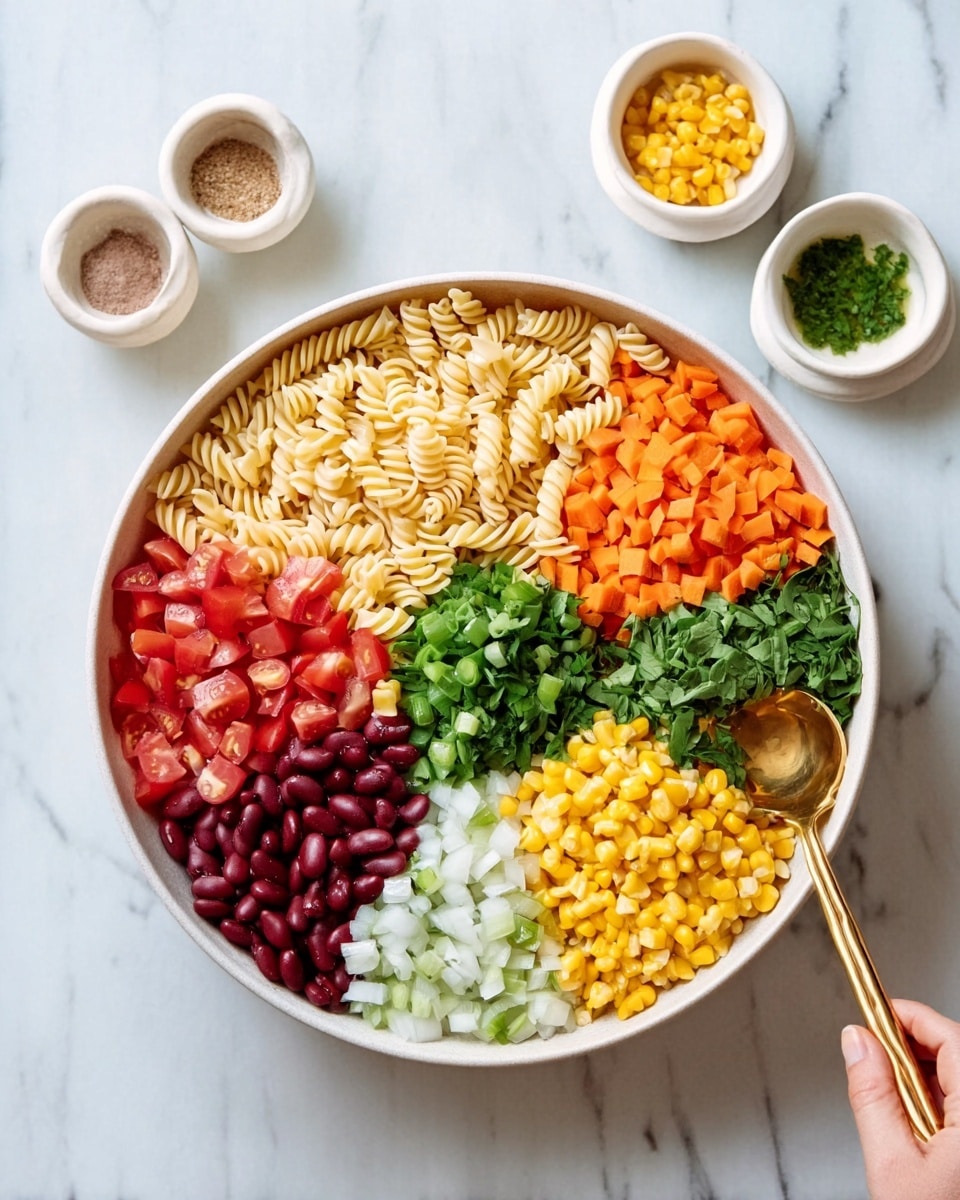 A white bowl with seven layers of food carefully arranged in sections. Starting from the top left, there are pale yellow spiral pasta, then diced bright orange carrots. Next to the carrots are chopped green leafy herbs, followed by finely chopped green onions. Below that is a section of finely chopped white onions, then bright red diced tomatoes. Finally, at the bottom left are dark red kidney beans and next to them is a section of yellow corn kernels. On the table, there are three small white bowls with sauces or seasonings and a woman's hand holding a brass spoon. The bowl sits on a white marbled surface. Photo taken with an iphone --ar 4:5 --v 7