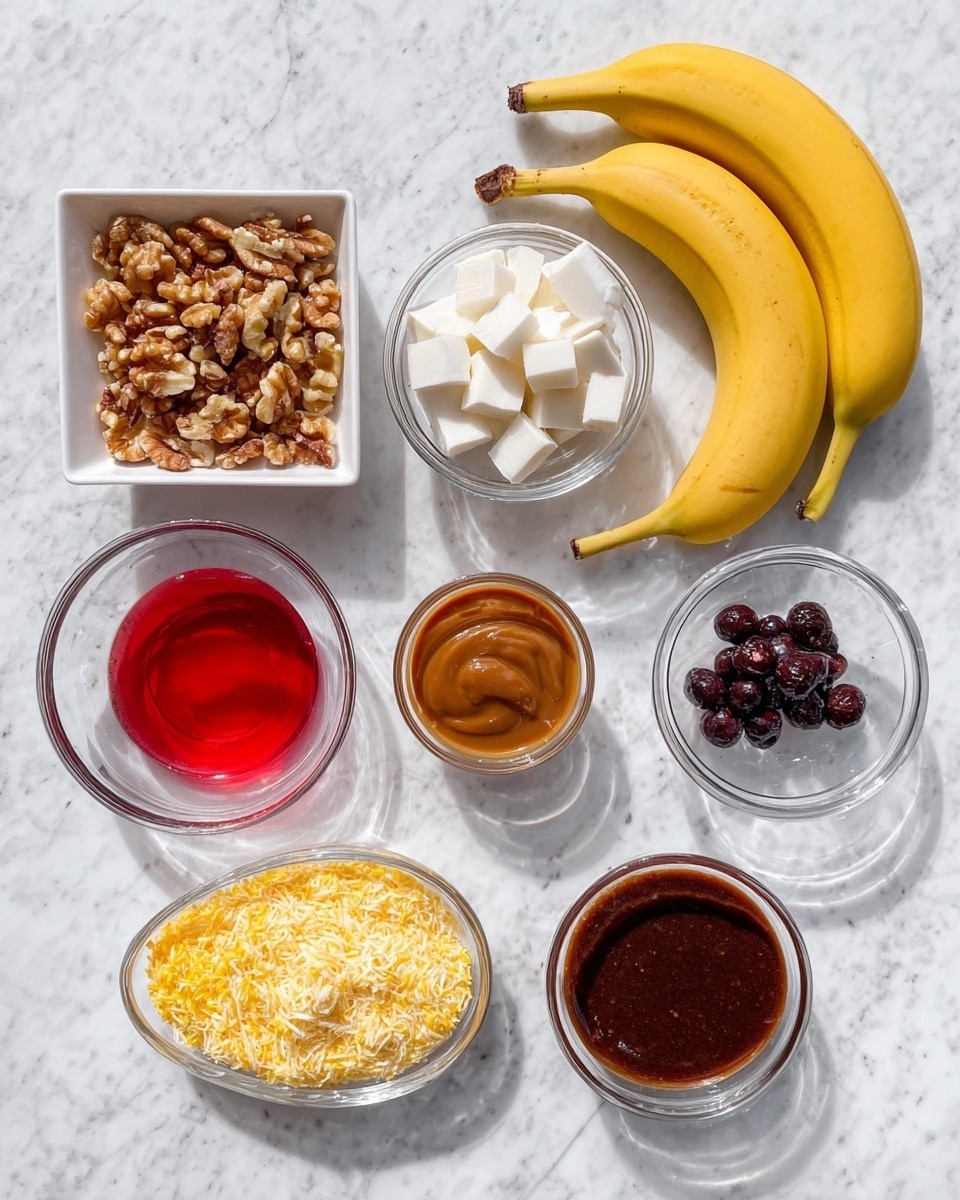 The image shows a white marbled surface with a variety of small clear glass containers holding different ingredients arranged neatly. There are two whole yellow bananas placed on the right side. Starting from the top left, there is a square bowl filled with chopped walnuts, next to it a small bowl with white cubes resembling cheese or tofu, and on the right two whole bananas. Below these, from left to right, there is a clear round bowl with red liquid, a small bowl with dark round berries, another small bowl with a thick caramel-colored sauce. Below these on the left, there is an oval bowl filled with yellow crushed or grated pieces, and finally a bowl of thick dark brown sauce on the right. The whole setup is clean, colorful, and well arranged, with natural lighting highlighting the textures and colors. Photo taken with an iphone --ar 4:5 --v 7