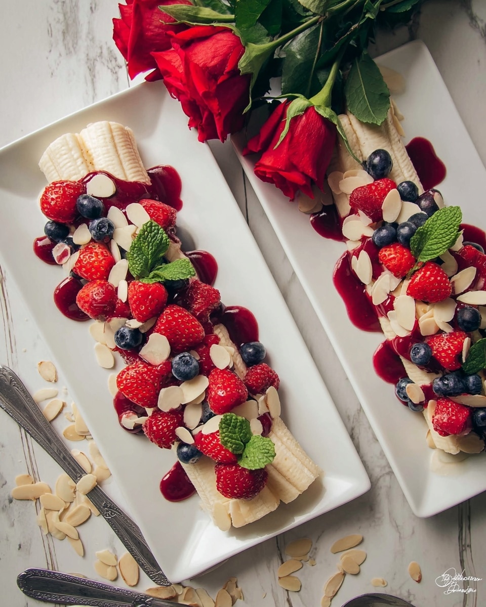 Two long white rectangular plates hold a simple fruit dish arranged in three layers. The bottom layer is a peeled banana split in half lengthwise, laying flat on the plate. The middle layer has mixed fresh berries including red raspberries, dark blue blueberries, and sliced strawberries, scattered generously over the banana. The top layer is light beige almond slices spread over the berries. A deep red berry sauce is drizzled unevenly over the whole dish. Each plate has a small sprig of fresh green mint leaves placed near one end. The plates are set on a white marbled surface with some almond slices scattered around and a bunch of red roses with green leaves nearby. Photo taken with an iphone --ar 4:5 --v 7