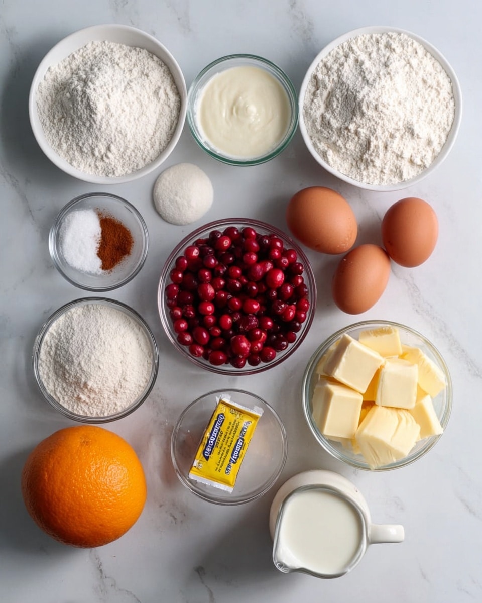 The image shows various ingredients for baking arranged neatly on a white marbled surface. There are two white bowls at the top filled with white flour and powdered sugar, a small glass bowl of cream, and two brown eggs placed beside them. Below, there is a white bowl with sugar, a metal bowl full of bright red cranberries, a small glass bowl with cinnamon powder, and another with white salt. A yellow yeast packet sits near the center, alongside a small glass bowl of light yellow butter cubes and a glass pitcher with white milk. An orange fruit is placed at the left side. All the ingredients are clearly separated and visible, showcasing different colors and textures like powdery, smooth, and fresh. Photo taken with an iphone --ar 4:5 --v 7