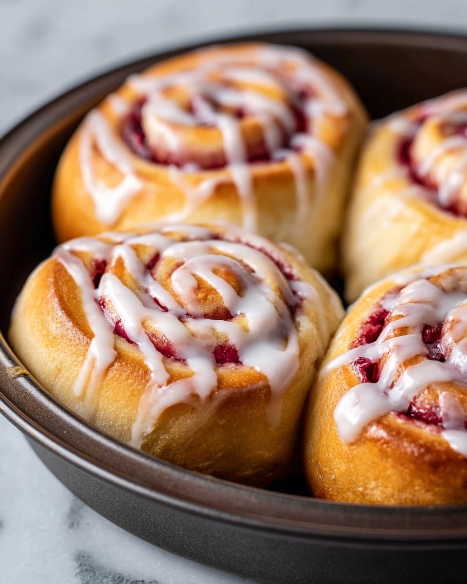 The image shows four round, golden-brown rolls with a soft and slightly shiny texture. Each roll is swirled with a deep red filling visible between the dough layers, and white icing is drizzled over the top in thin, uneven lines that follow the swirl shape. The rolls are placed close together inside a dark round baking dish, set on a white marbled surface. The soft dough and glossy icing create a warm and inviting look. Photo taken with an iphone --ar 4:5 --v 7