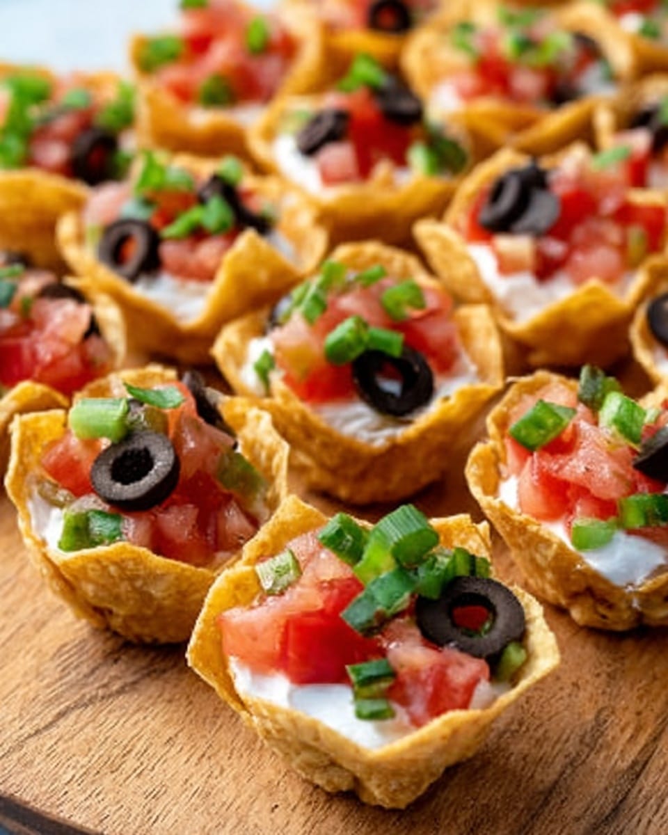 The image shows small taco cups arranged in rows on a wooden board. Each taco cup has three layers: a light golden crispy shell forming the base, a creamy white layer of sour cream inside, topped with small pieces of red diced tomatoes, slices of black olives, and tiny green chopped scallions. The taco cups are evenly spaced and look fresh and colorful against the wooden surface. Photo taken with an iphone --ar 4:5 --v 7