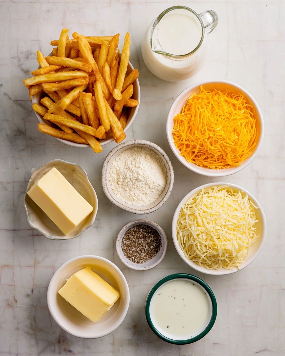 This image shows eight different ingredients arranged neatly on a white marbled surface. At the top left, there is a bowl full of light golden crispy fries. To its right, a clear glass pitcher holds fresh white milk. Below the fries, a white bowl contains bright orange shredded cheddar cheese. In the center, there is a small white bowl with fine white flour. To its right, another white bowl is filled with light yellow shredded cheese. Below the flour, a small white bowl has a pale yellow pat of butter. To the right of the butter, another small white bowl contains ground black pepper. At the bottom right, a white bowl with a green rim holds thick white sauce with tiny spices mixed in. Each item is clearly separated, showing different colors and textures, all placed on the soft white marbled background photo taken with an iphone --ar 4:5 --v 7
