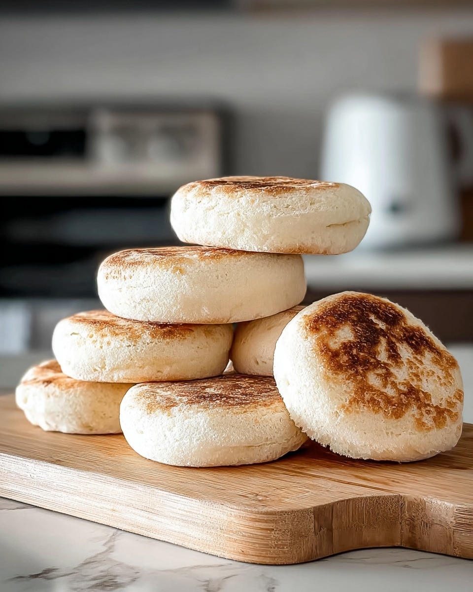 The image shows six English muffins stacked in two layers on a light wood cutting board placed on a white marbled surface. The muffins are round and thick with a golden-brown top that has a slightly toasted, uneven texture. The sides of the muffins are pale, soft, and smooth, creating a contrast with the toasted tops. The muffins are casually arranged, with some leaning against each other giving a fresh and homemade feel. The background is softly blurred, with cool tones and hints of kitchen appliances in white and gray colors. Photo taken with an iphone --ar 4:5 --v 7