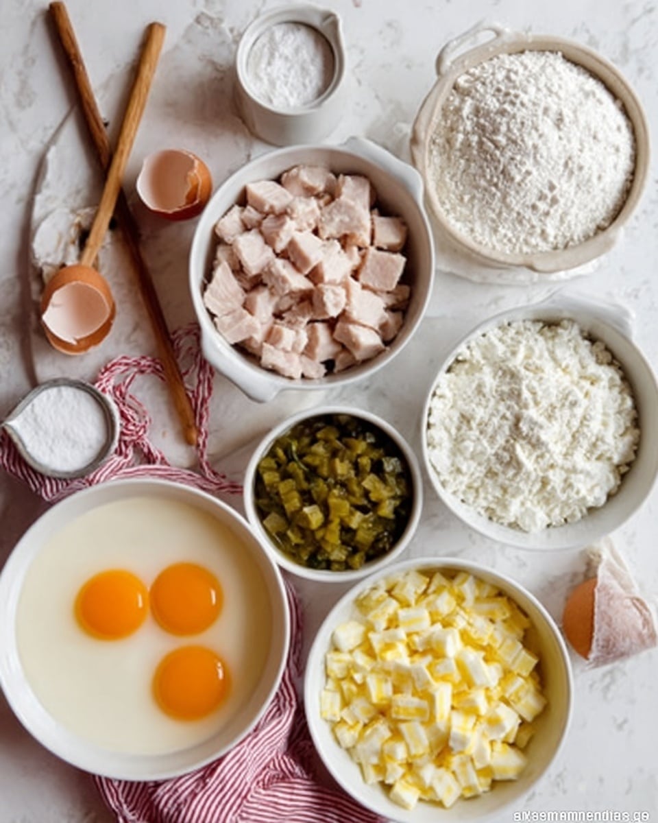 The image shows a white marbled surface with multiple white bowls and a wooden spoon. There are three eggs cracked in a white bowl on the lower left, showing bright orange yolks and clear whites. Next to it, a bowl contains small cube pieces of cooked chicken that are pale pink and white. To the right, a white bowl is filled with diced yellow cheese cubes. Above that, a small white bowl is packed with chopped green pickles. A larger white bowl on the top right holds white flour, and to its left, a white cup contains a white powder, likely sugar or salt. The wooden spoon is placed diagonally on the surface with a striped pink and white cloth underneath some bowls. Photo taken with an iphone --ar 4:5 --v 7
