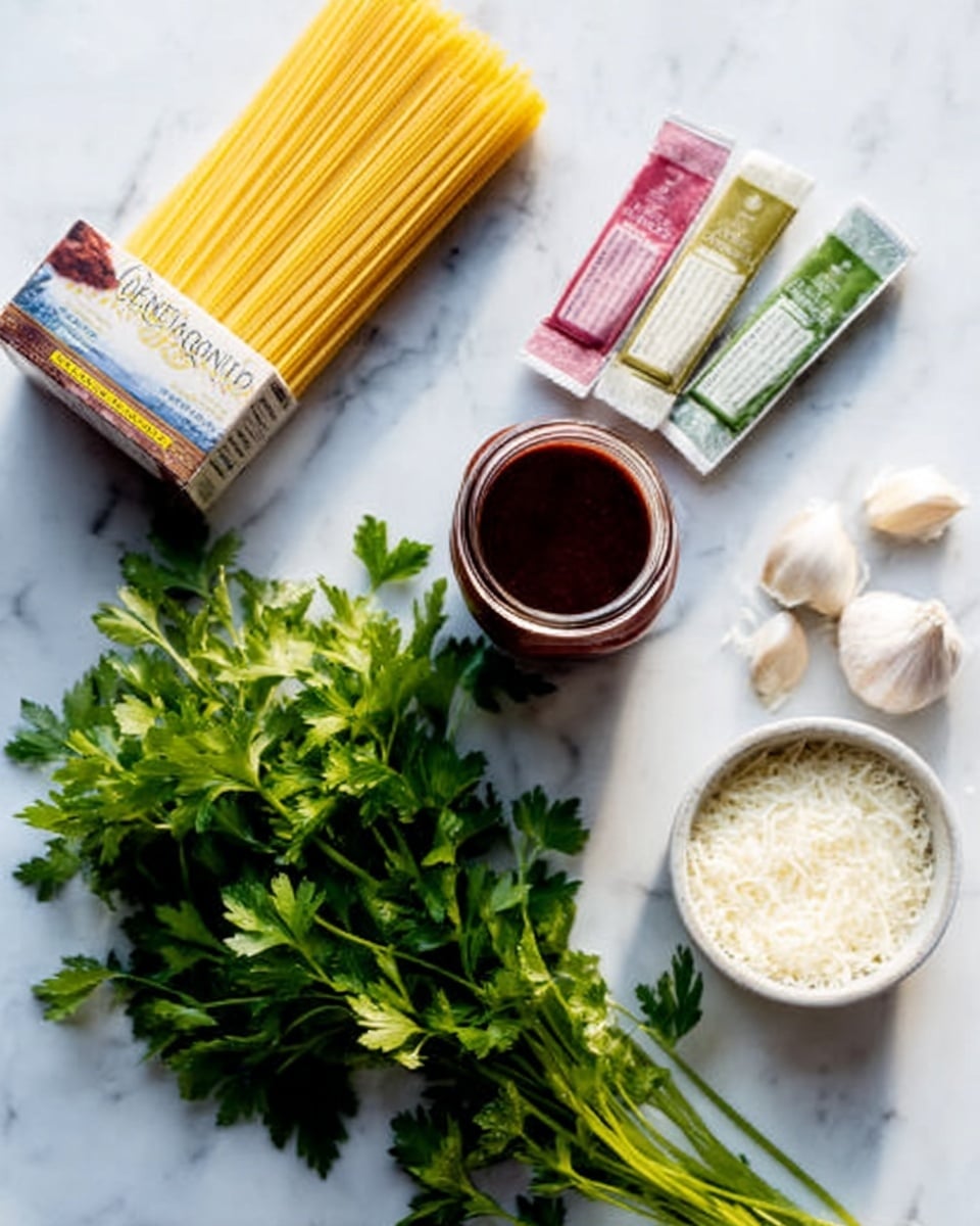 The image shows ingredients for a pasta meal arranged neatly on a white marbled surface. There is a box of uncooked spaghetti with yellow pasta visible through a window on the box, lying flat on the upper left side. Next to the spaghetti are three small rectangular packs of colored seasoning or sauce strips in pink, green, and white. A clear glass jar filled with dark red sauce stands upright in the center. Below this jar is a bunch of fresh green parsley with detailed leaves spread out. To the right of the parsley are several white whole garlic cloves scattered loosely. On the lower right side, a small white bowl holds finely grated white cheese with a soft texture. The overall layout is clean and organized, with natural light showing the textures and colors clearly. Photo taken with an iphone --ar 4:5 --v 7