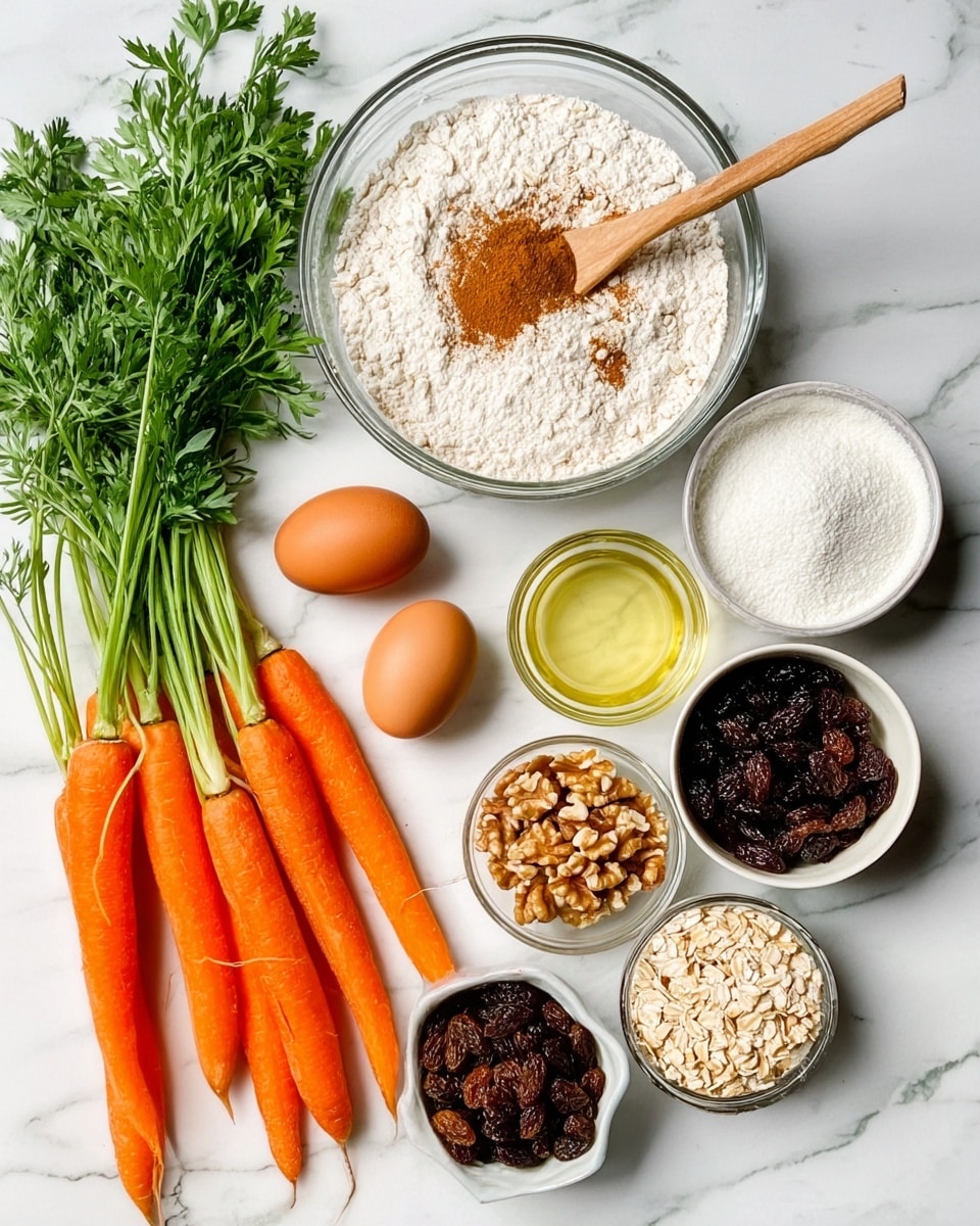 The image shows ingredients for a recipe arranged on a white marbled surface. There is a clear glass bowl filled with flour, sugar, and cinnamon with a wooden spoon resting inside it. Next to the bowl are two brown eggs and a small glass bowl of vegetable oil. Around these are four fresh orange carrots with green tops still attached, a bunch of fresh green parsley, a bowl with brown chopped nuts, a bowl with oatmeal flakes, and a bowl with dark raisins. All the ingredients are neatly spaced and clearly visible. photo taken with an iphone --ar 4:5 --v 7