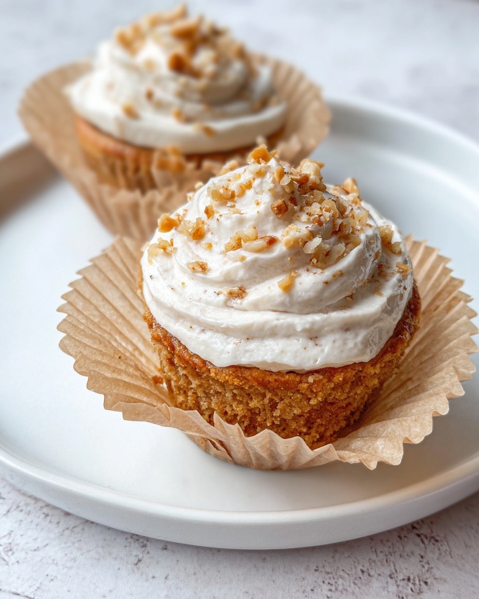 Two cupcakes in light brown paper liners sit on a white plate over a white marbled surface. Each cupcake has a moist, golden-brown base roughly one layer thick. On top is a thick swirl of white cream frosting with visible specks, about one layer thick, covering the cupcake. The frosting is sprinkled with small chopped nuts that are golden to light brown in color. The photo is close up and focused on the front cupcake, with the back cupcake slightly out of focus. Photo taken with an iphone --ar 4:5 --v 7