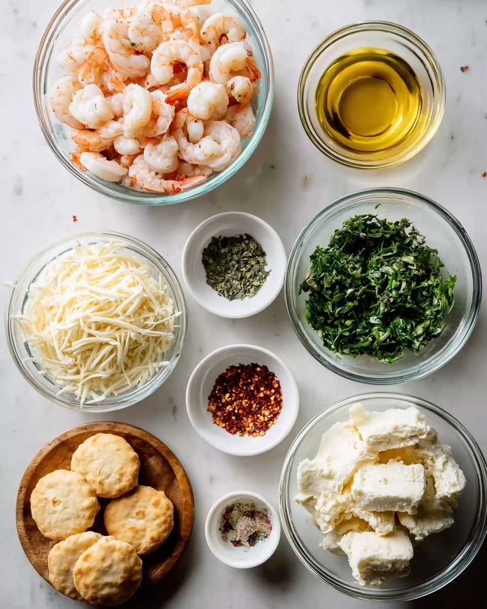 Several glass and white bowls are placed on a white marbled surface, each holding different ingredients. On the top left, a large glass bowl is filled with pink and white cooked shrimp. Next to it, on the right, a small glass bowl holds golden liquid, likely oil. To the right of that is a white bowl filled with chopped green herbs. Below these, a white bowl contains shredded white cheese, and a bigger glass bowl to the right holds a mix of shredded white cheese and soft white chunks, possibly cream cheese. Below are more ingredients including a glass bowl filled with round, golden biscuits, a glass bowl of finely chopped green herbs, a white bowl with some red chili flakes and white powder spices, and a small wooden plate with what looks like two soft crusty biscuit halves. photo taken with an iphone --ar 4:5 --v 7
