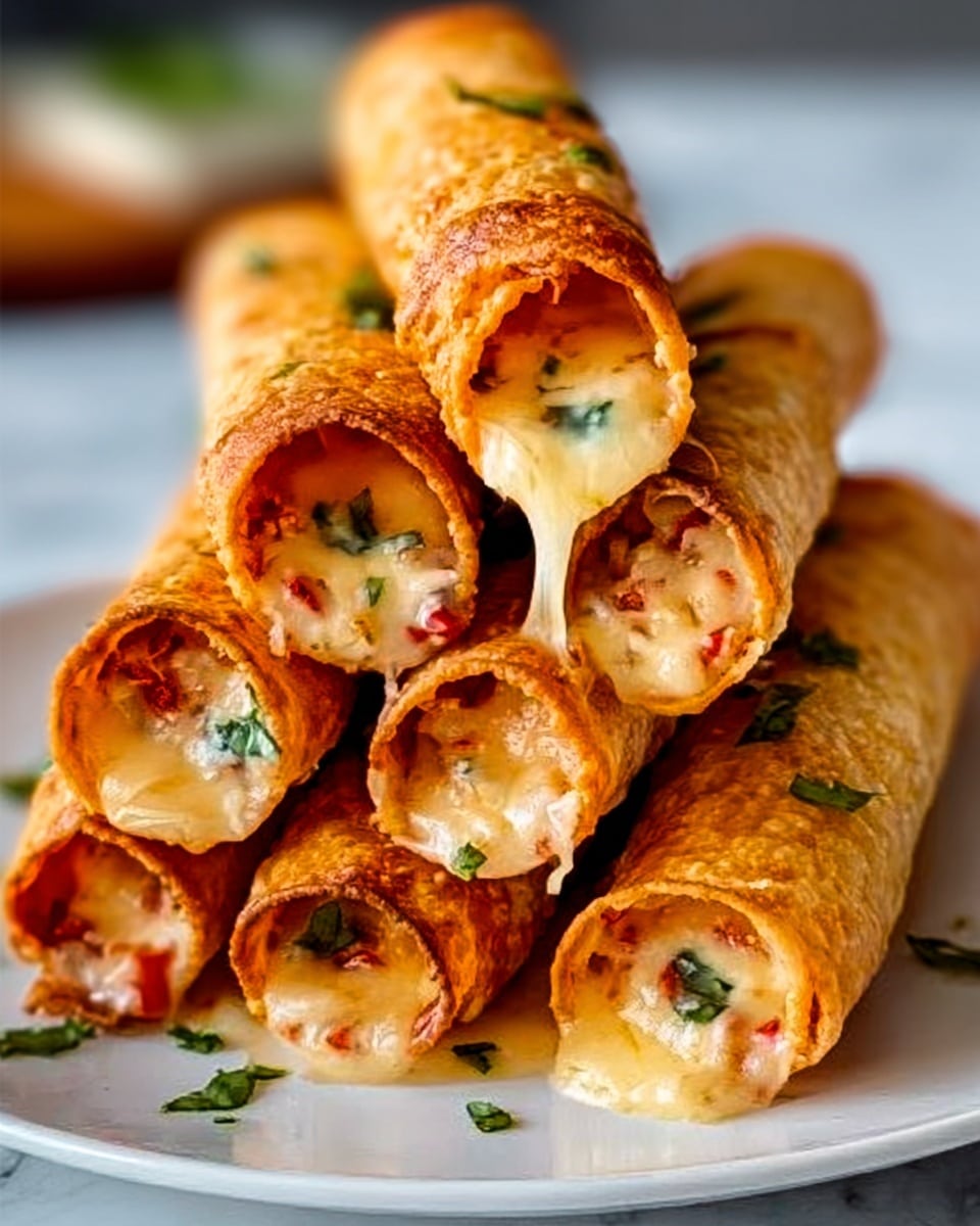 The image shows six golden brown rolled taquitos stacked in a pyramid shape on a white plate. Each taquito is crispy on the outside with some melted creamy cheese oozing out from the open ends. Bits of green herbs and small red pieces are visible inside the cheese filling. The white plate sits on a white marbled surface, and a blurred background gives focus to the shiny, warm taquitos. photo taken with an iphone --ar 4:5 --v 7