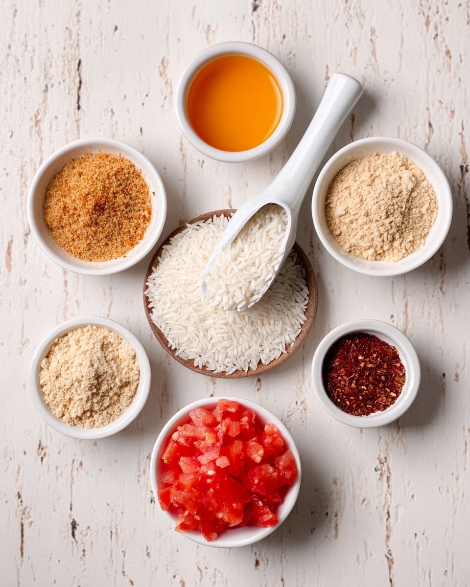 The image shows six small white bowls arranged on a white marbled surface, containing different cooking ingredients. In the center is a white scoop filled with uncooked white rice. Surrounding the rice, there is a bowl of orange-colored oil at the top left, a bowl with brownish powder to the right, a bowl with beige powder next to it, a bowl with dark red spices at the bottom right, and a bowl filled with chopped red tomatoes at the bottom left. The bowls are placed neatly, presenting a colorful and organized display of ingredients. Photo taken with an iphone --ar 4:5 --v 7