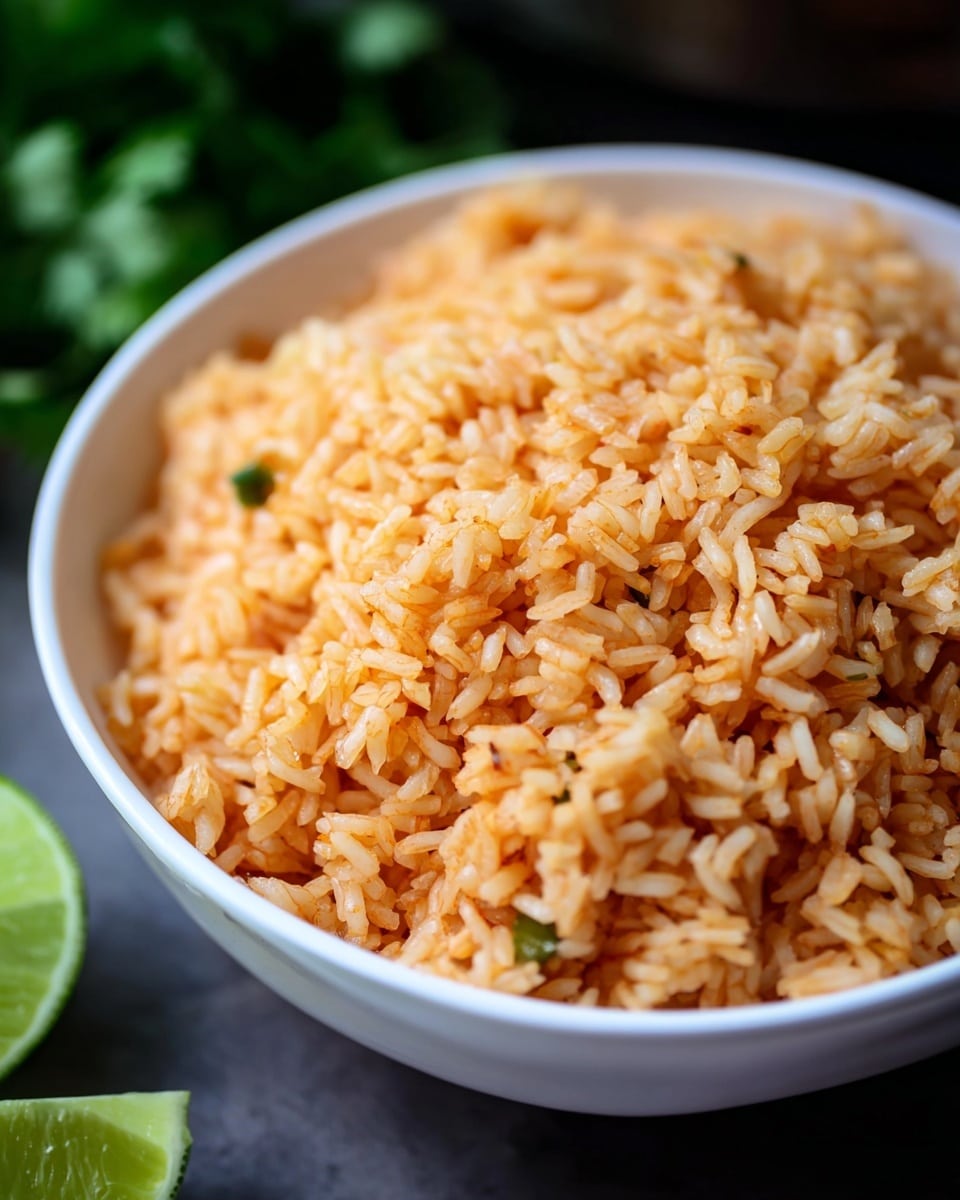 A close-up view of a white bowl filled with a single layer of light orange rice, each grain separate and slightly glossy, showing a few small green and darker orange pieces mixed in. The bowl sits on a dark surface with a blurred lime wedge and green leaves in the background. The rice looks soft and fluffy with a consistent texture. photo taken with an iphone --ar 4:5 --v 7