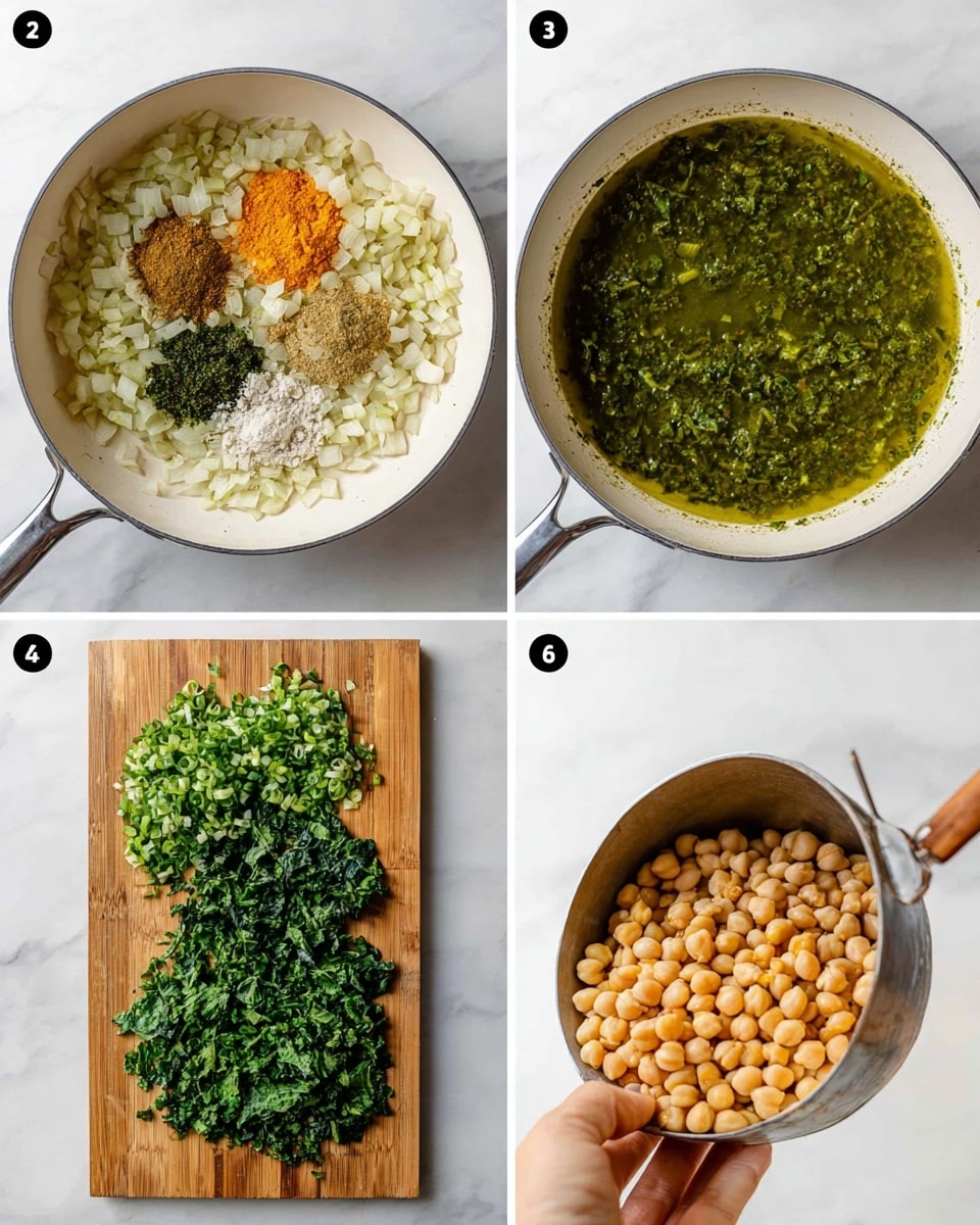 The first image shows a white pan with cooked chopped onions at the base, topped with three piles of spices in distinct colors: bright orange, dark green, and pale white, all arranged in a triangle. The second image displays a white pan filled with a green herb liquid, with a wooden spoon lifting beige chickpeas from the surface. The third image shows a white pan with a more diluted green liquid, and a woman's hand holding a metal measuring cup filled with dried lentils just above the pan. The fourth image is a wooden cutting board covered in four piles of chopped green vegetables arranged from left to right in different shades and textures, including scallions, curly herbs, and large leafy greens. All images have a white marbled surface background. photo taken with an iphone --ar 4:5 --v 7