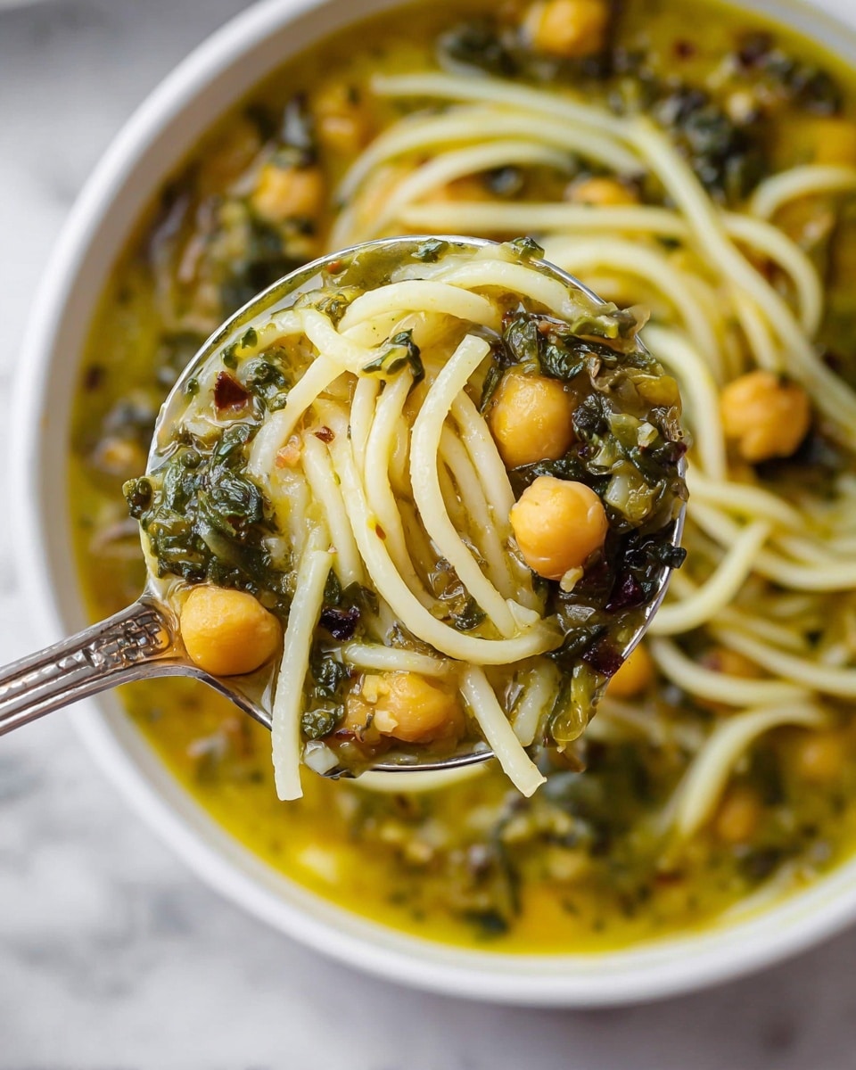 A close-up view of a spoon filled with a thick soup showing three main layers: long, thin white noodles winding around golden chickpeas with small pieces of dark green leafy vegetables in a yellow-green broth. The spoon hovers over a white bowl filled with the same soup where the noodles, chickpeas, and greens float in the yellowish broth, all set against a white marbled surface. The texture of the soup looks slightly chunky with visible small vegetable bits and a glossy finish that reflects light. Photo taken with an iphone --ar 4:5 --v 7