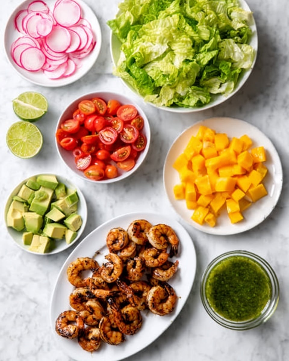 The image shows six white plates and bowls on a white marbled surface. The largest bowl at the top right contains chopped green lettuce with a fresh texture. Below it to the right is a small bowl with bright orange diced mango pieces. Below that, there is a small bowl filled with halved red grape tomatoes. In the center left is a white oval plate holding grilled shrimp with a brown charred texture. Near the bottom left, there is a small bowl with cubed green avocado. Scattered lime wedges are placed near the avocado bowl. At the center right, a small clear glass bowl holds green dressing or sauce with a smooth texture. At the top left, a small plate holds thinly sliced pink radishes with white edges. photo taken with an iphone --ar 4:5 --v 7
