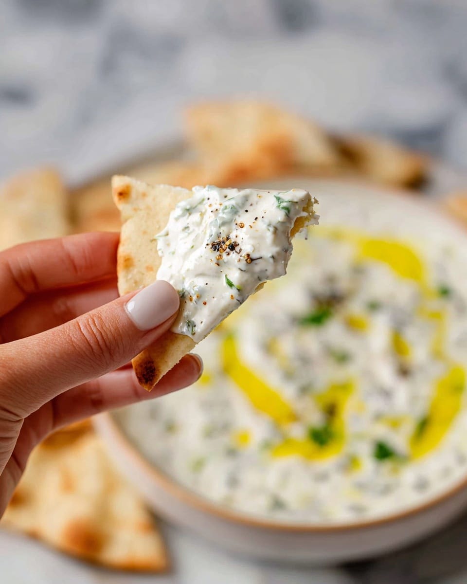 A close-up view of a woman's hand holding a triangular piece of light beige flatbread with a small bite taken off the corner, dipped in thick creamy white sauce mixed with small green and black herbs or vegetables visible throughout. In the background, there is a shallow white bowl filled with the same creamy sauce, garnished lightly with drops of golden yellow oil and some dark specks on top, all set on a white marbled surface. photo taken with an iphone --ar 4:5 --v 7