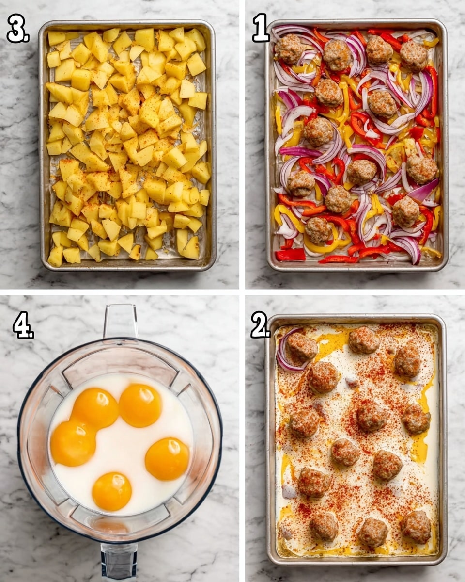 The image shows four steps of preparing a baked dish on a white marbled surface. Image 1 presents a single layer of yellow cubed potatoes, red pepper strips, and curved red onion slices spread evenly on a metal baking tray. Image 2 adds small seasoned meatballs scattered over the same vegetable base. Image 3 features a top view of a blender cup containing six egg yolks and white cottage cheese. Image 4 returns to the baking tray, now covered with a creamy liquid layer spread over the meatballs and vegetables, sprinkled with a reddish seasoning powder on top. photo taken with an iphone --ar 4:5 --v 7