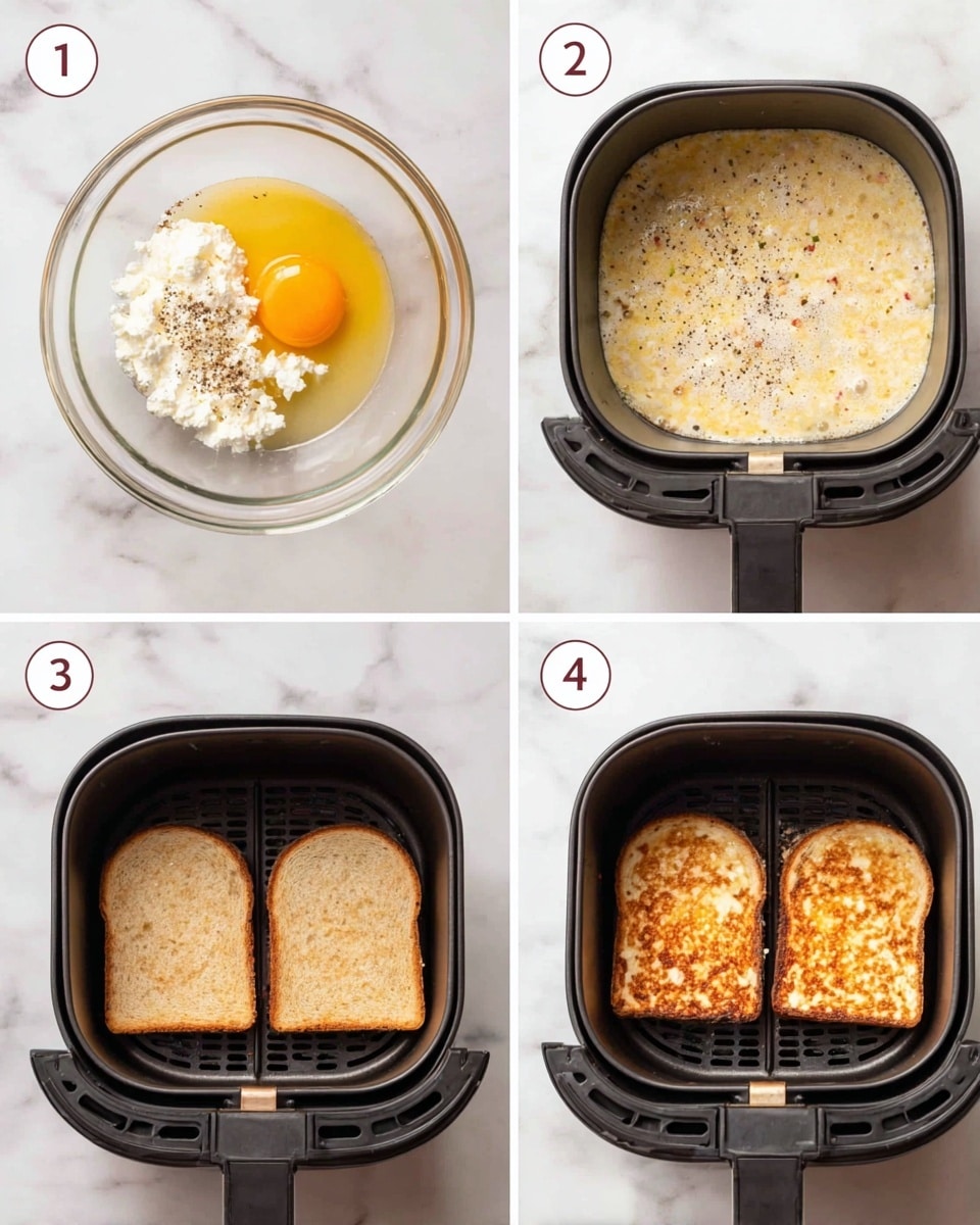 The image shows four steps of making a dish on a white marbled surface. In step 1, a glass bowl holds a raw egg yolk, white cottage cheese, and a sprinkle of black pepper, all clearly visible and not mixed. Step 2 shows the same bowl with these ingredients mixed into a light yellow, bubbly batter with bits of cottage cheese visible. Step 3 displays two slices of brown bread inside a black air fryer basket, each slice topped evenly with the pale, cottage cheese batter. Step 4 shows the bread slices now cooked in the air fryer basket, with a golden brown, slightly crisp and bubbly texture on top, signaling they are done. Photo taken with an iphone --ar 4:5 --v 7