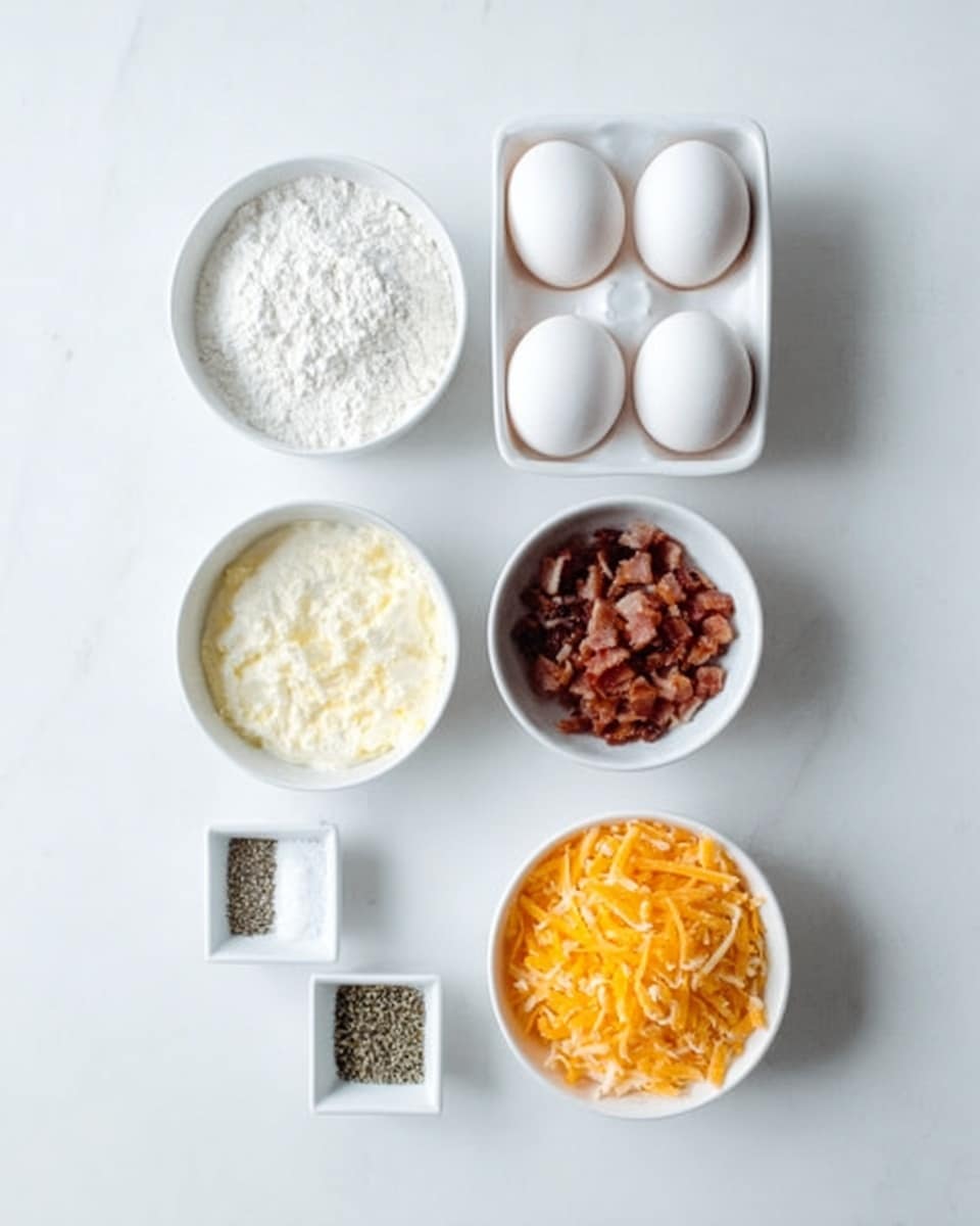 The image shows six white bowls on a white marbled surface, arranged in a loose grid pattern. The top left bowl is filled with a white powdery substance, likely flour. To its right, six white eggs are neatly placed in a white tray. Below, the middle left bowl contains chopped brown bacon pieces, and next to it on the right is a bowl filled with shredded orange cheese. At the bottom left, a tiny white square dish holds mixed black and white pepper, while the bottom right square dish contains salt. The composition is clean and evenly spaced, with a soft, natural light. photo taken with an iphone --ar 4:5 --v 7