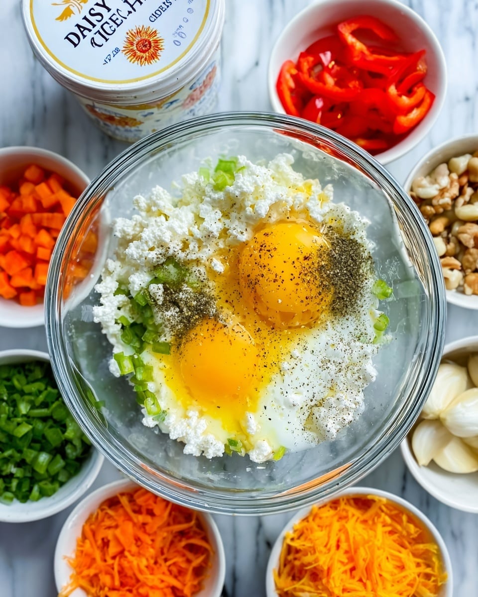 A clear glass mixing bowl is placed on a white marbled surface, filled with two eggs, cottage cheese, and some black pepper sprinkled on top. Surrounding the bowl are small white bowls containing chopped colorful ingredients: red bell peppers, green herbs, chopped onions, bright orange shredded carrots, garlic cloves, and what looks like chopped nuts or beans. A container of Daisy cottage cheese is visible behind the bowl, adding to the scene's preparation vibe. The colors are fresh and vibrant, highlighting the raw, ready-to-mix ingredients. photo taken with an iphone --ar 4:5 --v 7