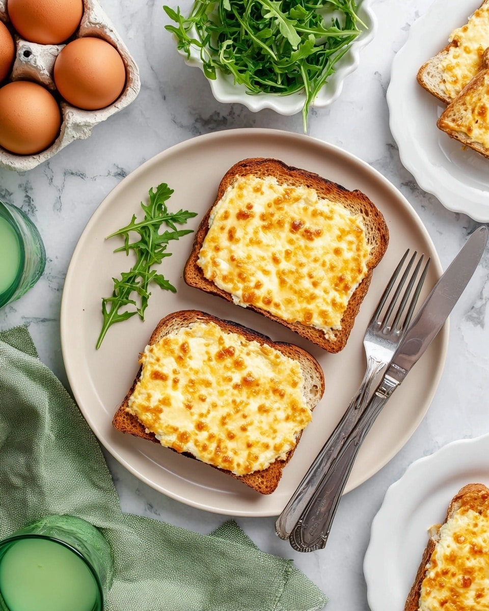 Two slices of toasted brown bread topped with a thick, creamy, light yellow melted cheese layer with small browned spots are placed side by side on a white round plate. Next to the toast, there are a few green arugula leaves. A silver fork and knife rest diagonally on the top edge of the plate. The plate is set on a white marbled surface with a green cloth napkin underneath on the left side. Surrounding the plate are a small white scalloped bowl of fresh arugula, a white egg carton holding three brown eggs, a white plate with another piece of cheese toast, and a green translucent glass cup. Photo taken with an iphone --ar 4:5 --v 7