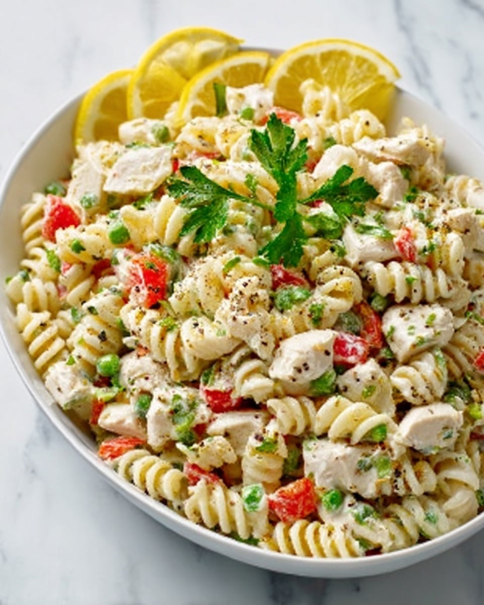 A white oval bowl filled with a creamy pasta salad made of spiral pasta, mixed with chopped green herbs, diced red tomatoes, small pieces of white meat chicken, and sprinkled with black pepper. Thin slices of yellow lemon are placed decoratively on top, with a sprig of fresh green parsley in the center. The bowl sits on a white marbled surface. Photo taken with an iphone --ar 4:5 --v 7