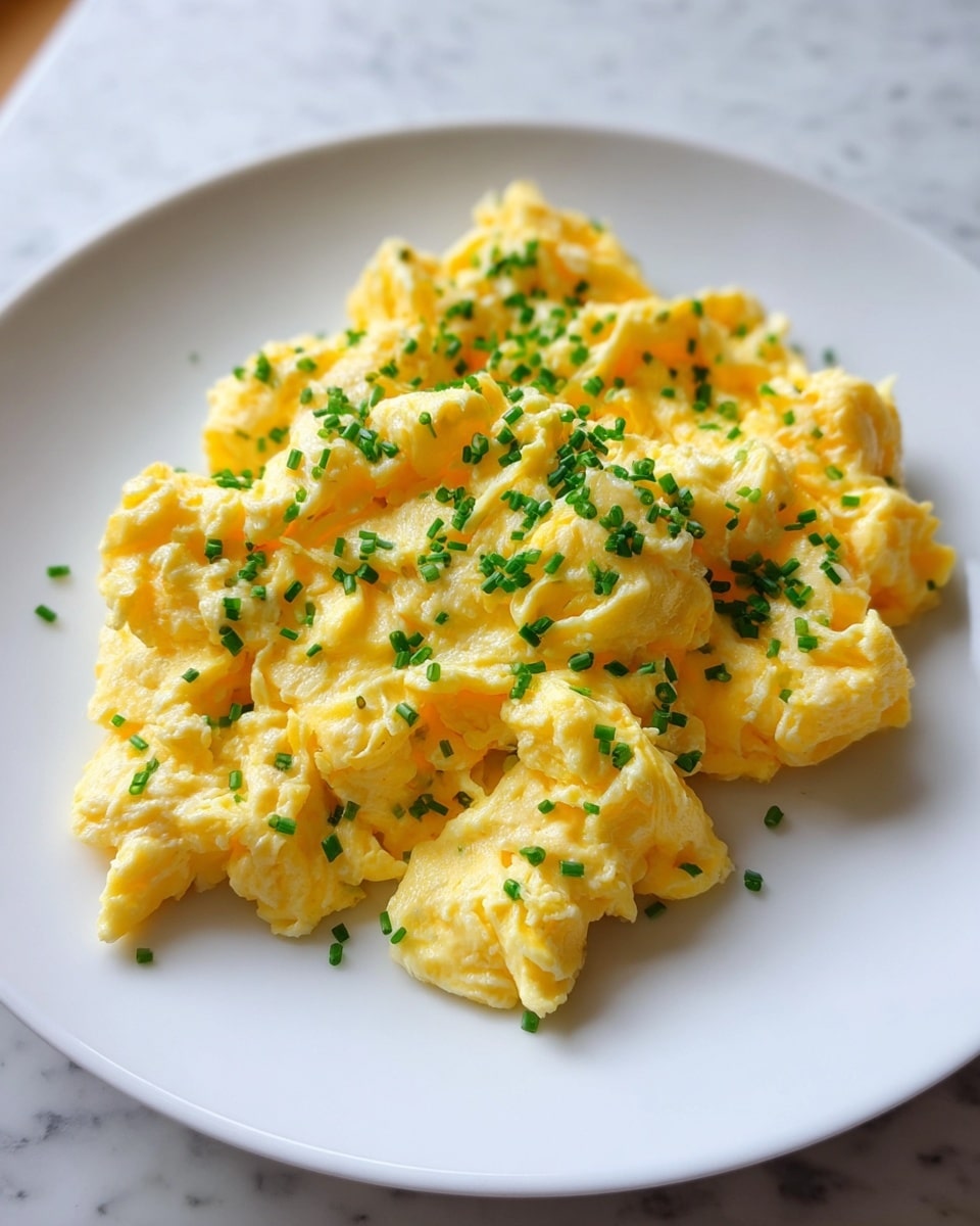 A mound of fluffy, soft scrambled eggs sits in the center of a white plate, showing a creamy yellow color with some lighter and darker yellow patches. The eggs have a moist texture with gentle folds and curves, creating a light, airy look. Bright green finely chopped chives are sprinkled evenly over the eggs, adding contrast to the yellow. The plate rests on a white marbled surface with a soft natural light coming from the side. photo taken with an iphone --ar 4:5 --v 7