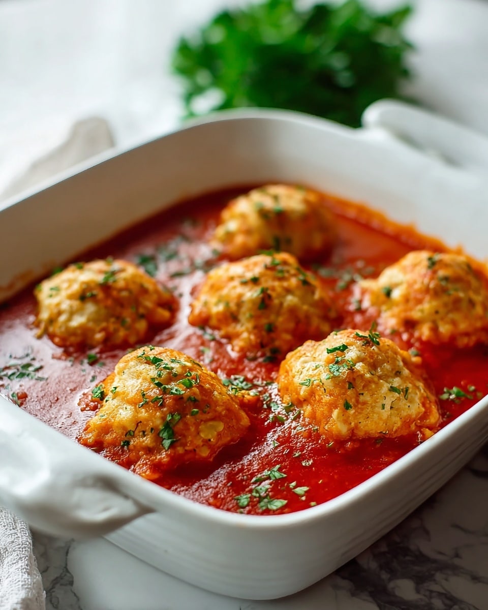 The image shows a white baking dish filled with bright red tomato sauce topped with five golden-brown dumplings arranged in two rows, three in the back and two in the front. Each dumpling has a slightly rough texture and is sprinkled with finely chopped green herbs. The white baking dish has a smooth finish with handles on the sides, and it is placed on a white marbled surface. In the background, there is a blurred green leafy garnish adding a touch of freshness. Photo taken with an iphone --ar 4:5 --v 7