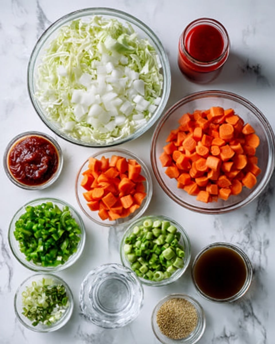 A white marble surface holds several clear glass bowls arranged neatly. One large bowl is full of chopped white cabbage, another large bowl contains chopped white onions at the center. Smaller bowls surround them, filled with sliced orange carrots, green chopped celery, chopped green onions, small green beans, and finely chopped herbs or green peppers. There is a bowl with dark red tomato paste, next to a small glass container of dark brown liquid, and a small bowl with some kind of seeds or spices. Two empty clear glasses and a red jar are also placed on the white marble background. photo taken with an iphone --ar 4:5 --v 7