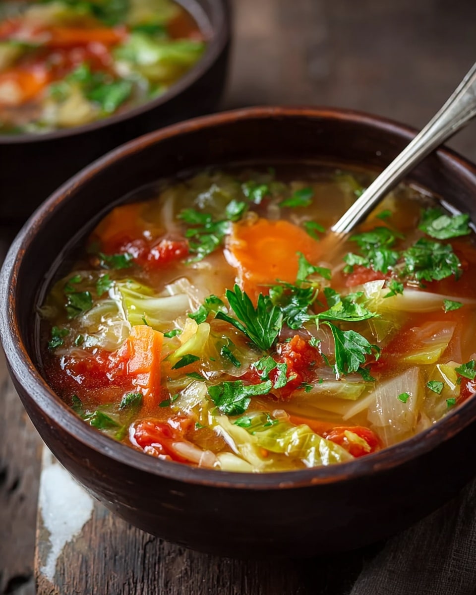 A dark brown bowl filled with a clear, warm vegetable soup showing different layers of ingredients: bright orange carrot slices, soft light green cabbage pieces, red tomato chunks, and fresh bright green parsley leaves on top. The soup has a broth that is light brown and slightly shiny, with a silver spoon resting inside the bowl. The bowl is placed on a dark wooden surface, with a blurred second bowl in the background, all set on a white marbled texture. Photo taken with an iphone --ar 4:5 --v 7
