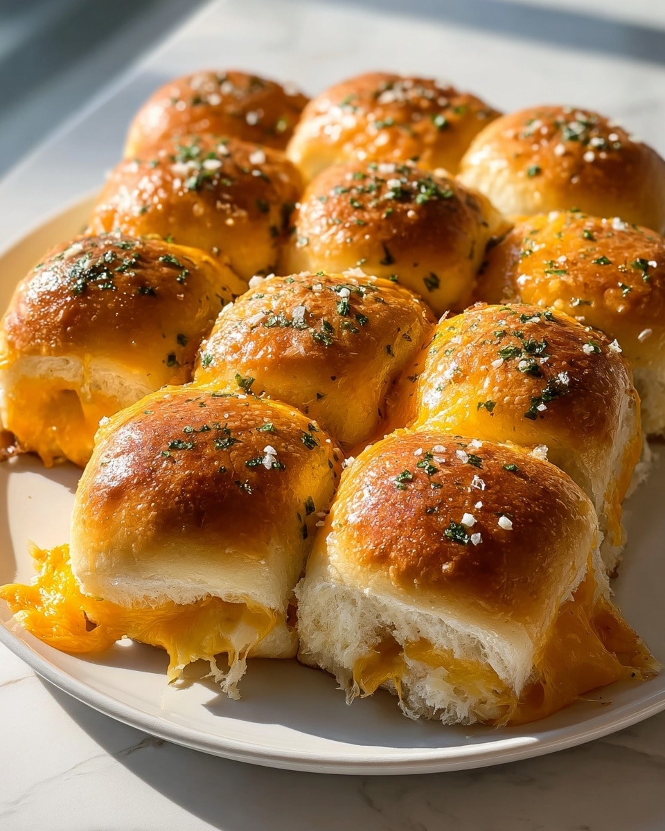 There are nine golden-brown dinner rolls arranged in a 3x3 grid on a white plate. Each roll is soft and fluffy inside, with melted bright orange cheese oozing out between and over the sides, creating a gooey texture. The tops of the rolls are shiny and sprinkled with green herbs and small white bits, giving a fresh and flavorful look. The plate is placed on a white marbled surface with sunlight highlighting the warm tones of the bread and cheese. photo taken with an iphone --ar 4:5 --v 7