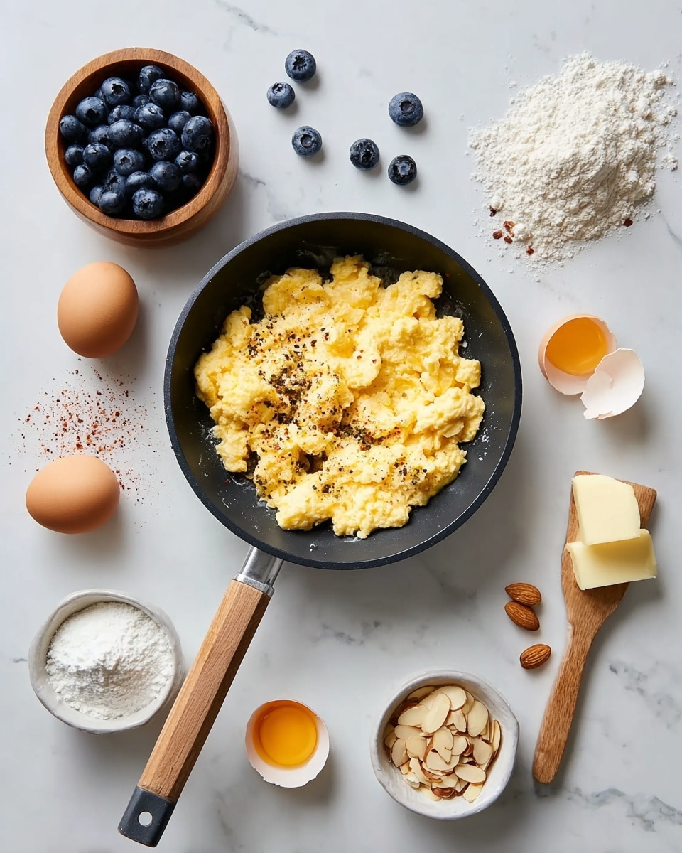A black frying pan with a wooden handle sits in the middle on a white marbled surface, filled with soft yellow scrambled eggs sprinkled lightly with black and red seasoning. Above the pan, there is a small wooden bowl full of fresh, dark blue blueberries. To the left of the pan, there are two brown eggs, a cracked egg yolk in a small white bowl, and three blueberries scattered around. Below the eggs, a small white bowl holds a white powdery ingredient, and next to it is a smaller white bowl filled with thin, tan almond slices. To the right of the pan, a wooden spoon holds a chunk of pale yellow butter, some whole almonds are scattered nearby, and a small white bowl contains more blueberries. A small pile of white flour with a sprinkle of red seasoning is above the frying pan. Photo taken with an iphone --ar 4:5 --v 7
