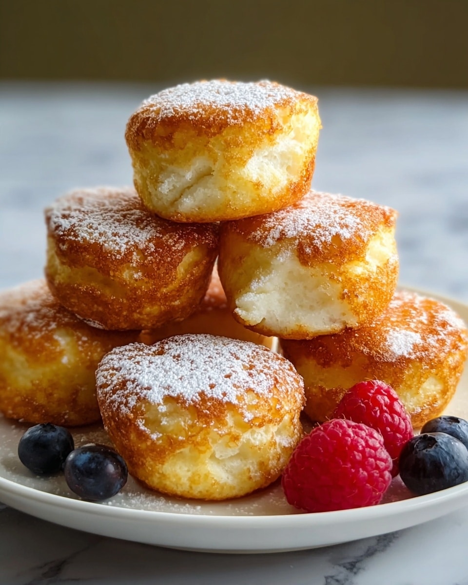 There are six golden brown small puffy cakes stacked on a white plate, each with a slightly crispy and uneven textured surface showing lighter creamy inside layers. The cakes have a light dusting of powdered sugar on top. To the side on the plate, there are a few fresh raspberries and blueberries adding red and blue colors. The plate is placed on a white marbled surface with soft natural light coming from the background. photo taken with an iphone --ar 4:5 --v 7