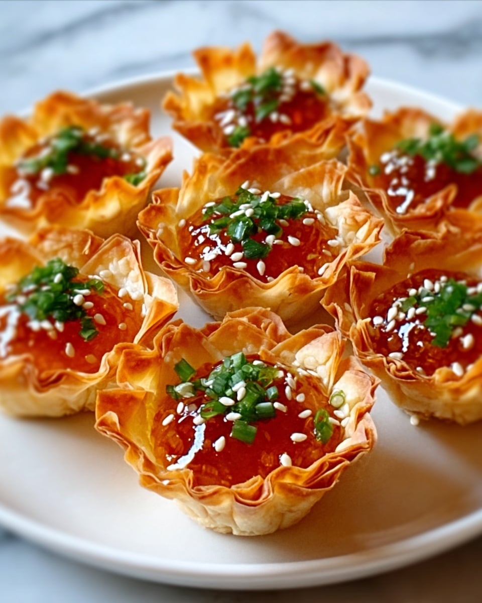The image shows a close-up of small tartlets arranged on a round white plate placed on a white marbled surface. Each tartlet has multiple thin, crispy layers of light golden-brown pastry forming a flower-like cup shape. Inside each cup is a bright reddish-orange filling with a smooth, shiny texture, topped with finely chopped green herbs and white sesame seeds scattered evenly on top. The tartlets are arranged closely together, creating a pleasing and colorful display. photo taken with an iphone --ar 4:5 --v 7