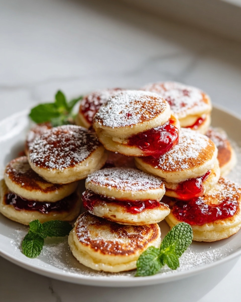 A white plate holds a stack of small, round pancakes arranged in a loose pile. Each pancake is golden brown on top with a slightly crispy texture and dusted with a light layer of powdered sugar. Between the top and bottom layers of several pancakes, a bright red jam with visible berry chunks oozes out, adding a glossy, sticky contrast. Fresh green mint leaves are placed on the plate near the pancakes for decoration. The whole scene is lit by soft natural light, set against a white marbled surface. Photo taken with an iphone --ar 4:5 --v 7