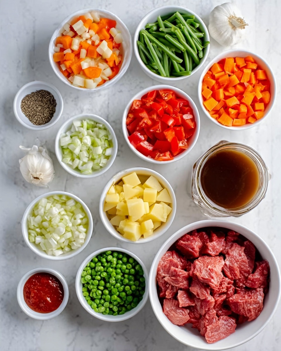 The image shows many small white bowls placed on a white marbled surface, each holding different ingredients for cooking. There is one large white bowl in the center holding bright red chopped tomatoes. Around it are smaller white bowls containing diced orange carrots, chopped green beans, light green chopped celery, chopped white onions, green peas, small cubed yellow potatoes, and a few garlic cloves. Also visible are two small white bowls with ground black pepper and a red spice, a bowl of dark brown soy sauce, a jar filled with rich brown broth, and a bowl with pieces of raw red meat. Everything is neatly arranged and the colors of the fresh ingredients create a nice contrast on the white marbled background. Photo taken with an iphone --ar 4:5 --v 7