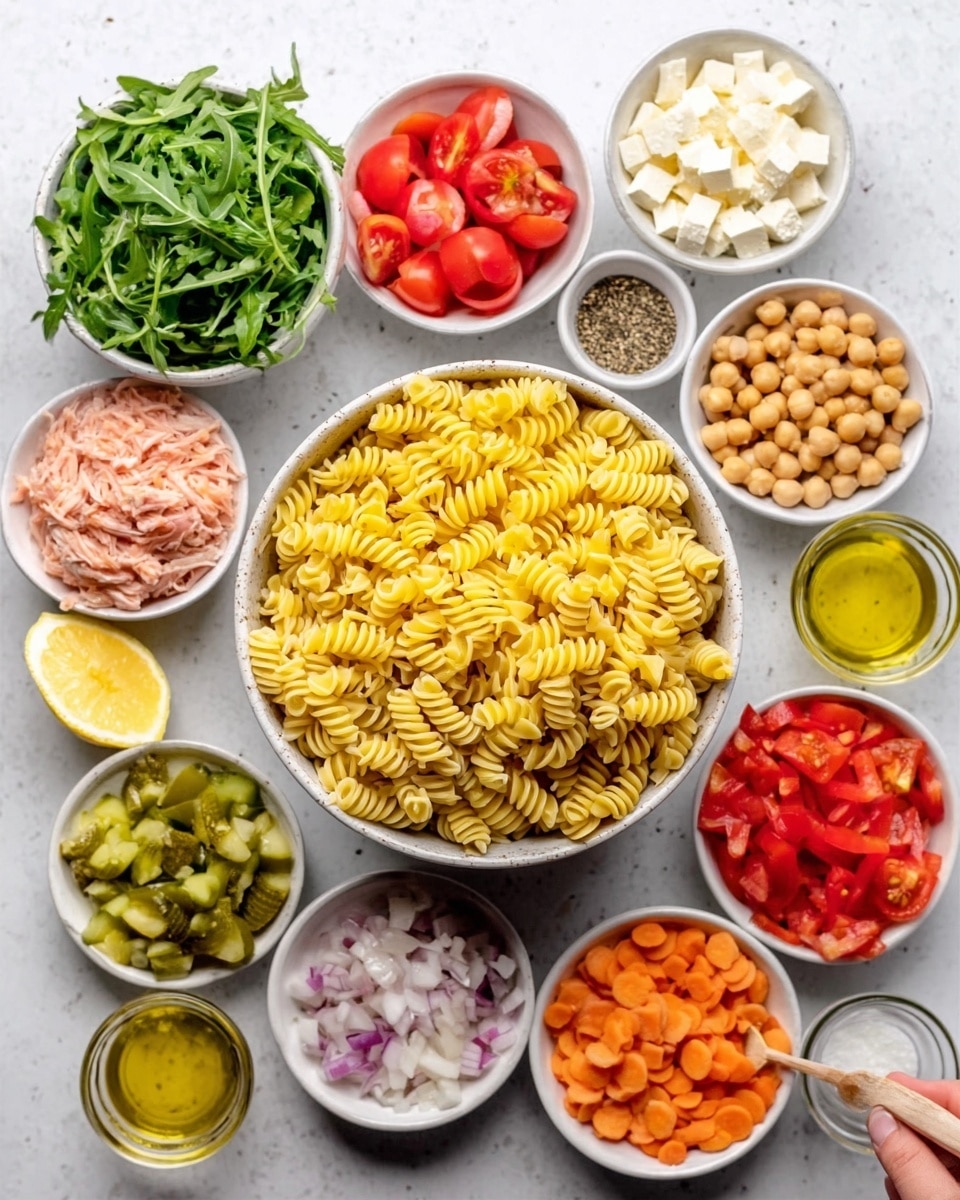 The image shows a bowl full of yellow spiral pasta placed in the center of a white marbled surface with small white bowls arranged all around it in a circle. Each smaller bowl holds different ingredients: white cheese cubes, bright red chopped tomatoes, green leafy arugula, chunks of light pink tuna, yellow-green chopped pickles, vibrant orange chopped carrots, whole chickpeas, finely chopped onions, red bell peppers, a yellow lemon wedge, white salt, black pepper, and two small containers of oil and vinegar. A woman's hand is seen holding a small bowl of oil, adding to the central focus on the pasta and fresh ingredients. The whole set is bright, colorful, and clean looking photo taken with an iphone --ar 4:5 --v 7