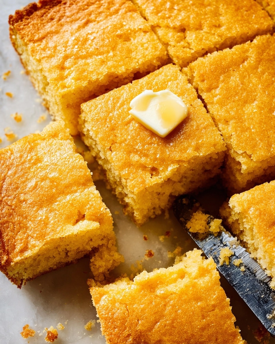 The image shows a close-up of nine pieces of golden brown cornbread arranged neatly, with one piece in the center taken out slightly and topped with a small dollop of melting butter. The cornbread has a slightly crumbly texture with a soft, moist inside visible in the removed piece. Crumbs are scattered around the white marbled surface beneath the cornbread. A serrated knife lies flat next to the removed piece, partially resting on the white marbled surface. The lighting highlights the warm golden hues of the cornbread and the glossy shine of the butter, creating a cozy and inviting atmosphere. photo taken with an iphone --ar 4:5 --v 7