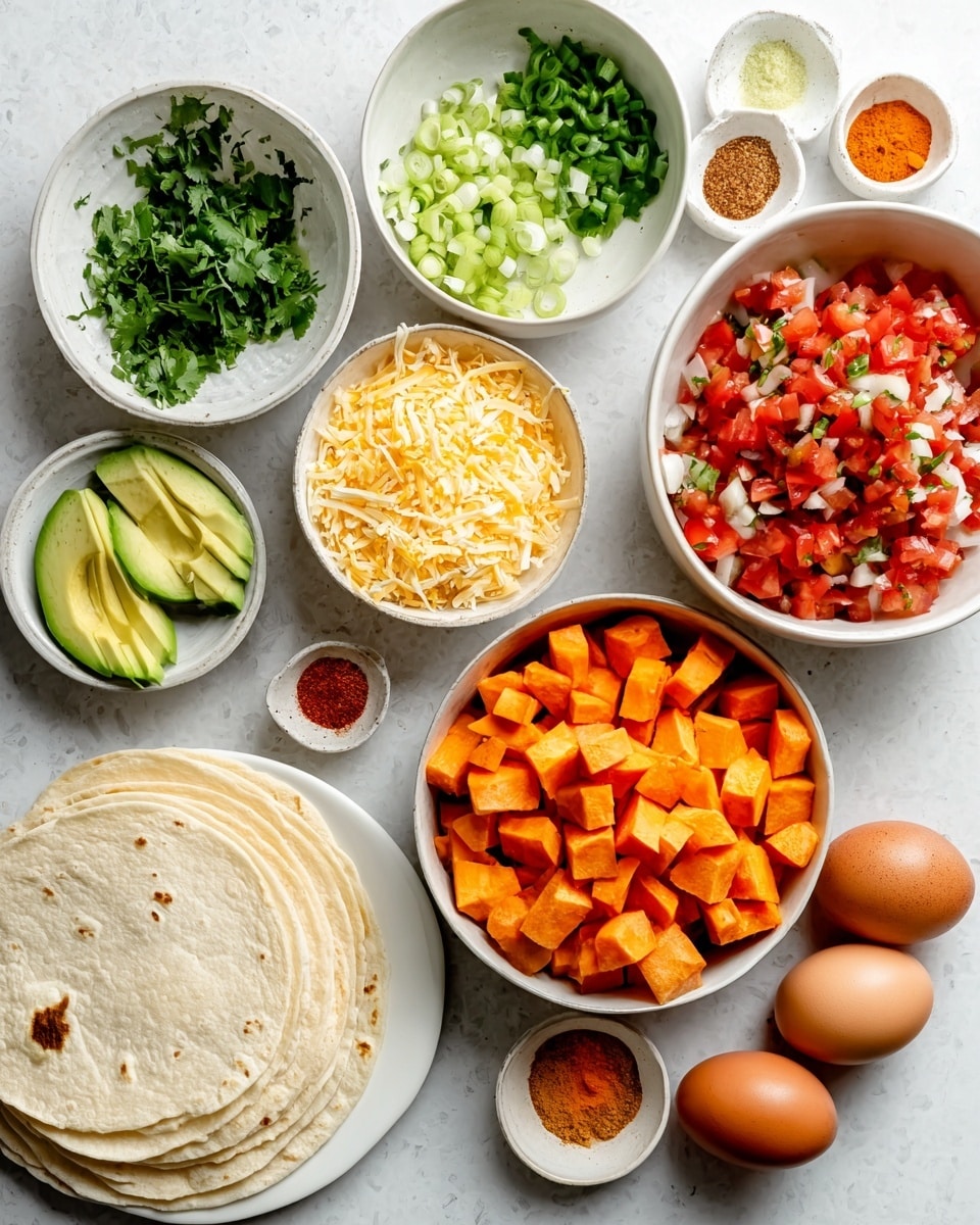 The image shows several white bowls and plates arranged neatly on a white marbled surface. One bowl holds fresh green herbs, another contains chopped green onions, and a third has finely shredded pale yellow cheese. There is a bowl filled with bright orange cubed sweet potatoes, and another one with vibrant red diced tomatoes mixed with bits of green and white. A bowl has brown eggs, and next to it, there is a white plate with stacked soft tortillas. Additionally, small white bowls hold various colorful spices, including a reddish-brown spice and a yellow-orange powder. A few slices of avocado are placed on a white plate, completing the fresh ingredients layout. Photo taken with an iphone --ar 4:5 --v 7
