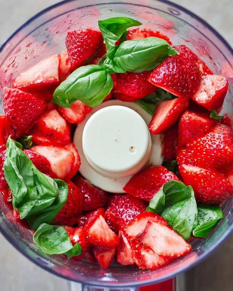 Inside a clear food processor bowl, there are bright red strawberry pieces with seeds visible, and fresh green basil leaves scattered on top. The strawberries are cut into halves and quarters, showing their juicy, slightly glossy texture. The white center blade holder stands in the middle, surrounded by the fruit and leaves. The overall look is fresh and colorful with a mix of red and green against the clear bowl. Photo taken with an iphone --ar 4:5 --v 7