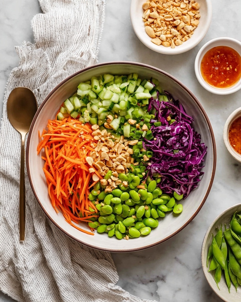 A white bowl with a thin brown rim holds a colorful salad arranged in sections: bright orange thin carrot sticks on the left, light green chopped cucumbers next to them, dark purple shredded cabbage on the right, bright green edamame beans at the bottom, and sliced green snap peas in the top half. In the middle, there are crushed peanuts scattered over the vegetables. A bronze large spoon rests inside the bowl on the left side. Around the bowl, there are three small white bowls - one with crushed peanuts at the top, one with red-orange sauce on the right, and one with extra sliced green snap peas on the bottom right. The entire setup is on a white marbled surface with a white and gray striped cloth partially under the bowl. photo taken with an iphone --ar 4:5 --v 7