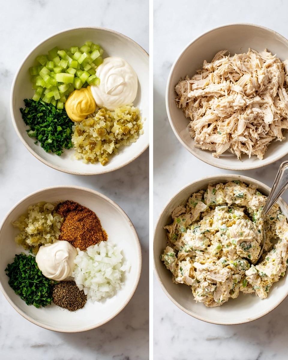 A white bowl holds several layered ingredients arranged separately: shredded light beige chicken in the center, a dollop of creamy white mayo to the right, a small yellow mustard portion below mayo, finely chopped green celery near the top left, minced light green pickle next to celery, chopped dark green herbs beside the pickle, and finely diced white onions on the left; small piles of mixed spices in brown, green, and orange hues are placed around the chicken. Another white bowl shows the same mixture fully blended into a thick, creamy salad with a light beige and green speckled texture, and a silver spoon is resting in the bowl. Both images are set on a white marbled surface. photo taken with an iphone --ar 4:5 --v 7
