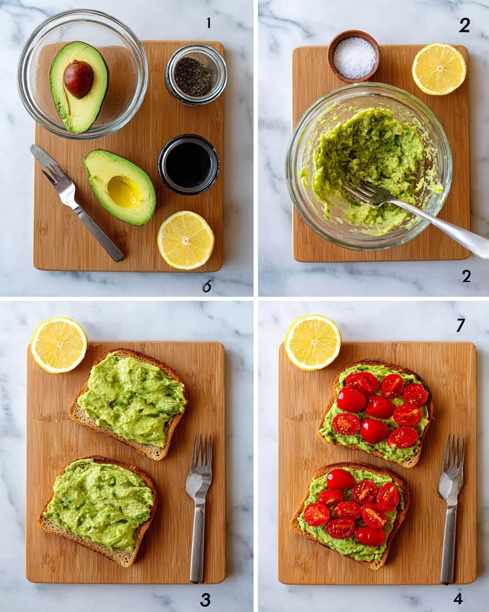 The image shows four steps of making avocado toast on a light wooden cutting board placed on a white marbled surface. In the first step, a clear glass bowl contains a halved avocado with one half peeled and another half mitigated, a fork and spoon rest on the board, beside lemon wedges and a dark seasoning jar. The second step shows the avocado mashed inside the clear glass bowl with a fork. Lemon wedges and a small jar of sea salt are beside the bowl. In the third step, two slices of toast laid flat on the board are covered evenly with mashed avocado, and halved cherry tomatoes are placed next to the toast. In the final step, the two slices of toast are topped with halved cherry tomatoes evenly spread on the mashed avocado. Photo taken with an iphone --ar 4:5 --v 7