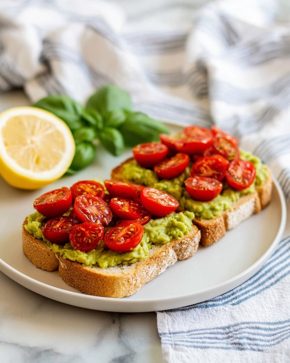 Two slices of light brown bread are placed side by side on a white plate. Each slice is covered with a thick layer of mashed green avocado, which has a rough texture. On top of the mashed avocado, there are several halved bright red cherry tomatoes evenly spread across each slice. In the background, a green basil leaf and a lemon wedge sit on the plate, adding more color contrast. The plate is set on a white marbled surface with a soft, blurred cloth in light gray and blue stripes behind it. photo taken with an iphone --ar 4:5 --v 7